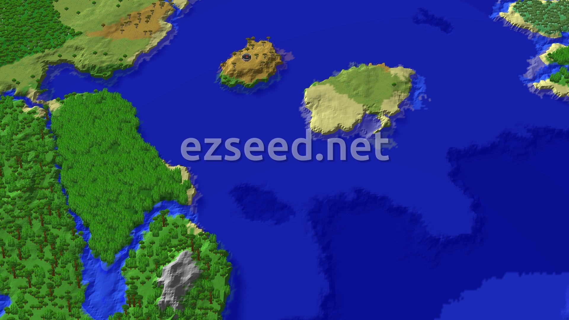 Aerial Minecraft seed map — Windswept Savanna Isle with Nearby Jungle Temple