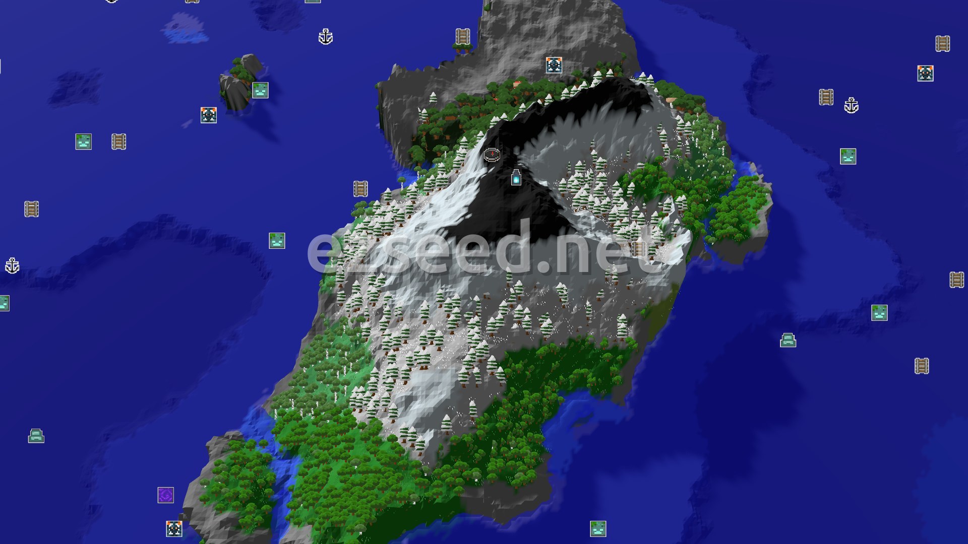 Aerial Minecraft seed map — Frozen Peaks Spawn with Close Ancient City Access
