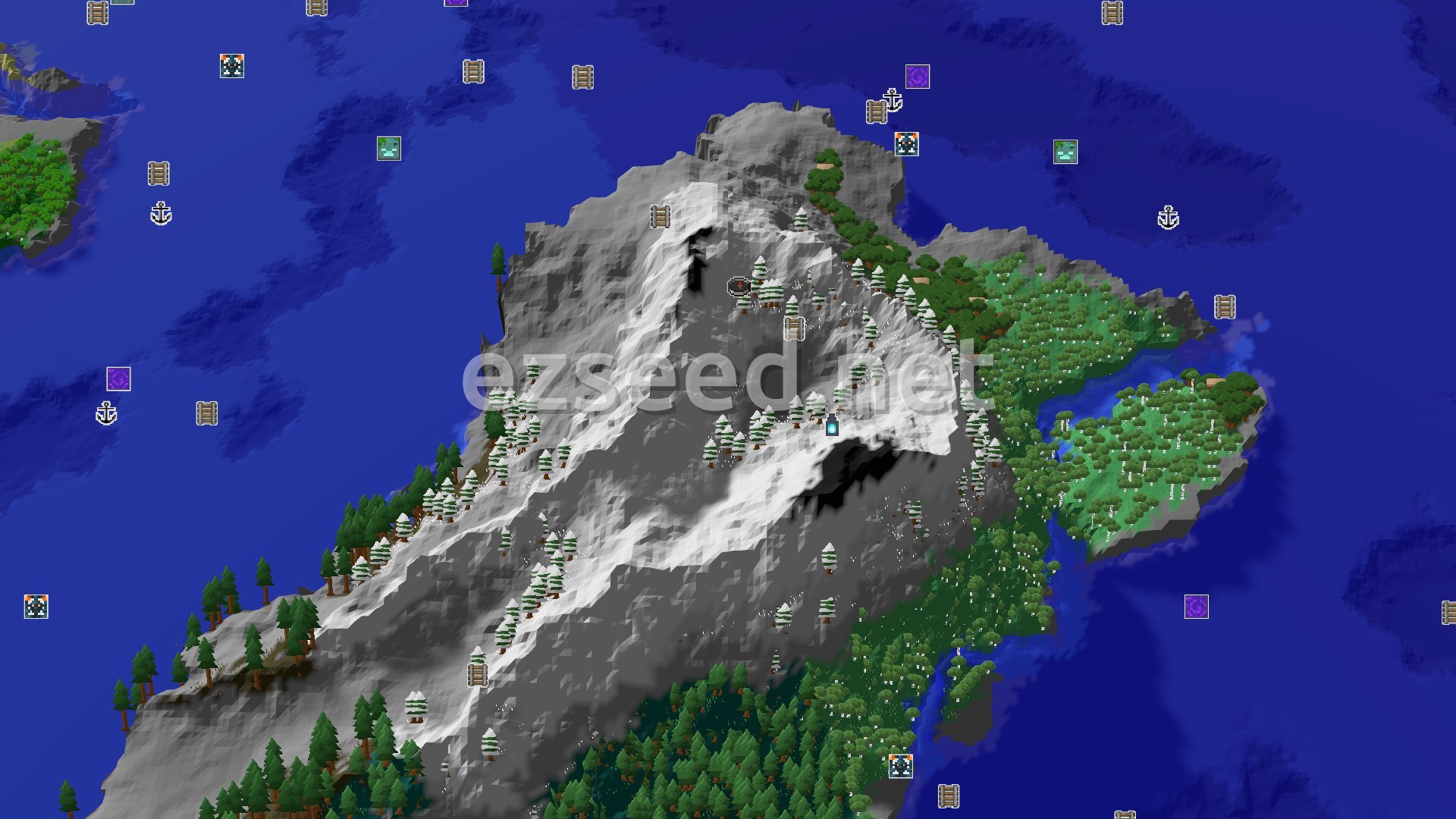 Aerial Minecraft seed map — A Jagged Peaks Spawn with an Ancient City Nearby