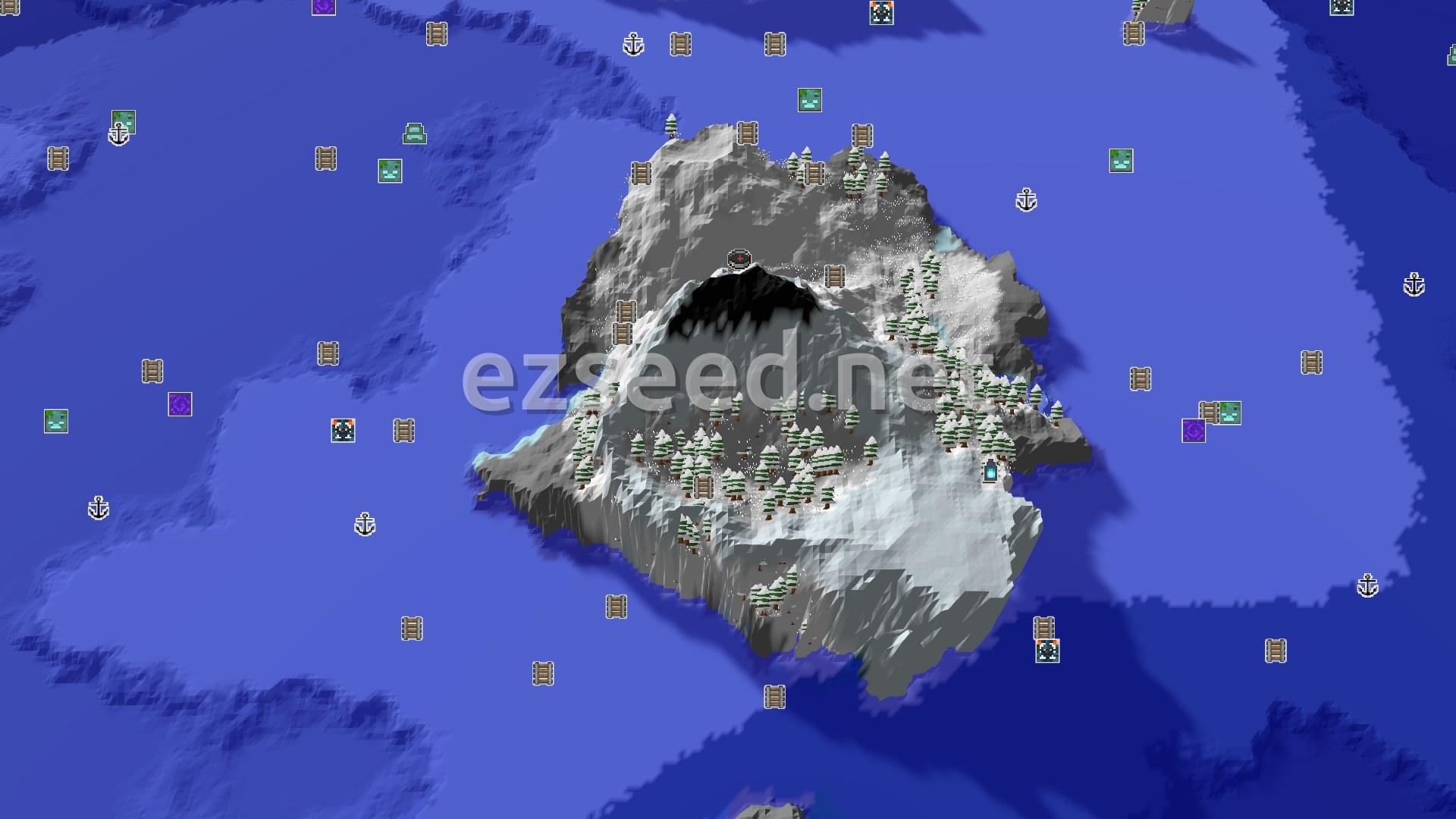 Aerial Minecraft seed map — Spawn on a Frozen Peak, Next to an Ancient City