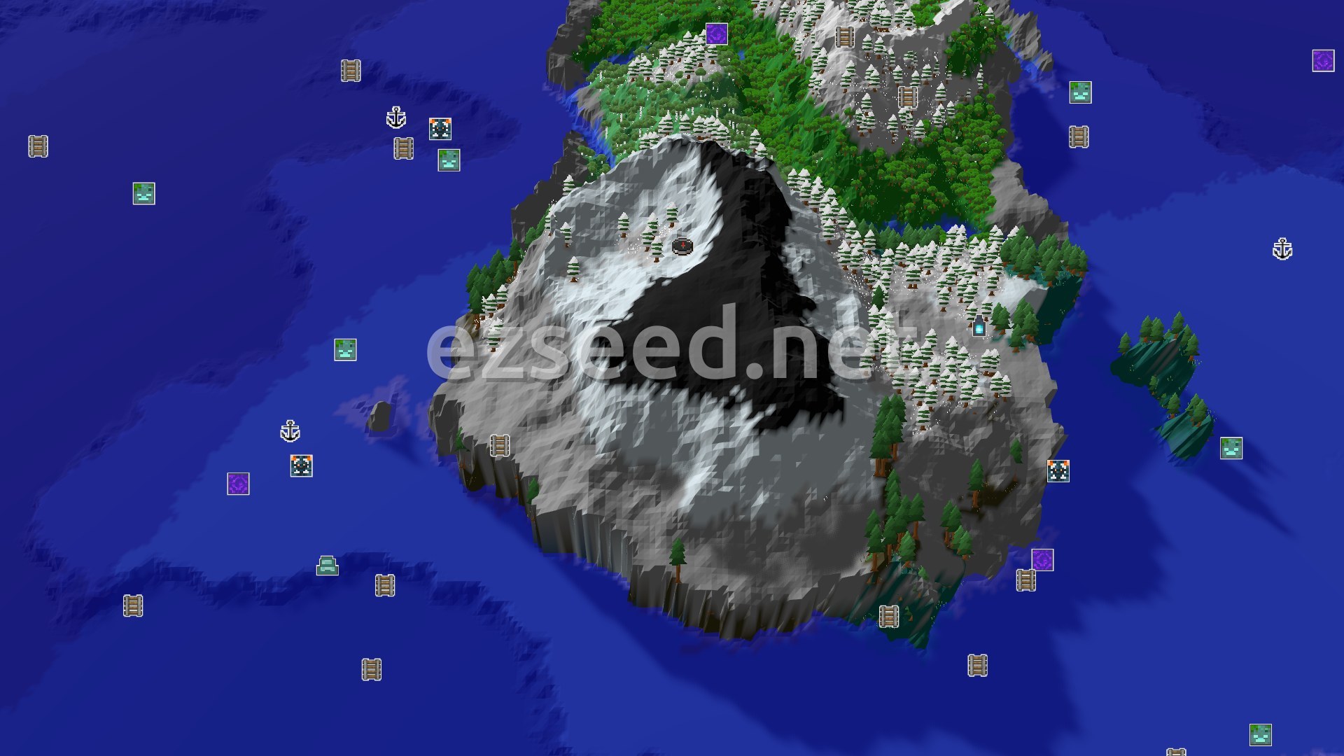 Aerial Minecraft seed map — Frozen Peaks and Cold Ocean Start
