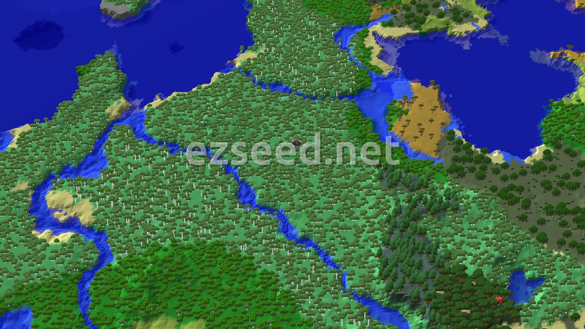 An aerial view of a dense birch forest with rivers winding through it, bordered by oceans and a patch of savanna.