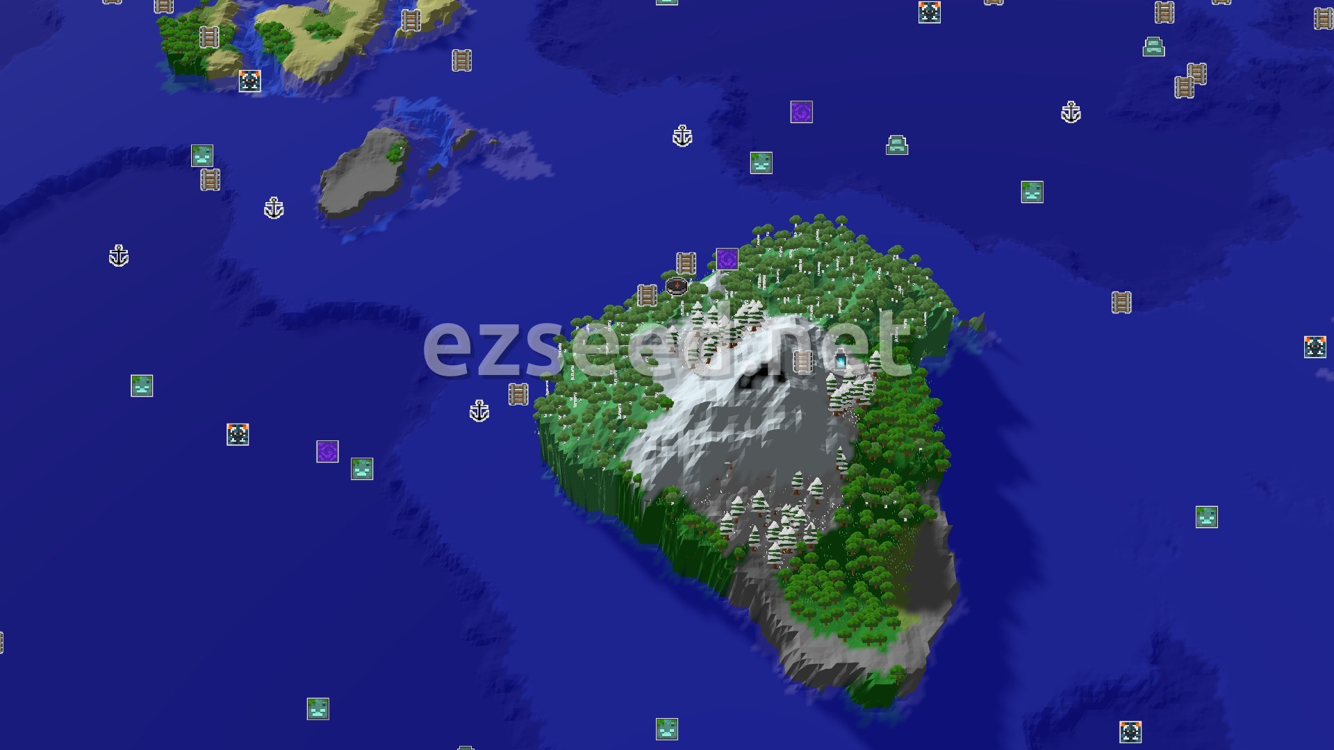Aerial Minecraft seed map — Spawn in a Birch Forest with Nearby Snowy Peaks
