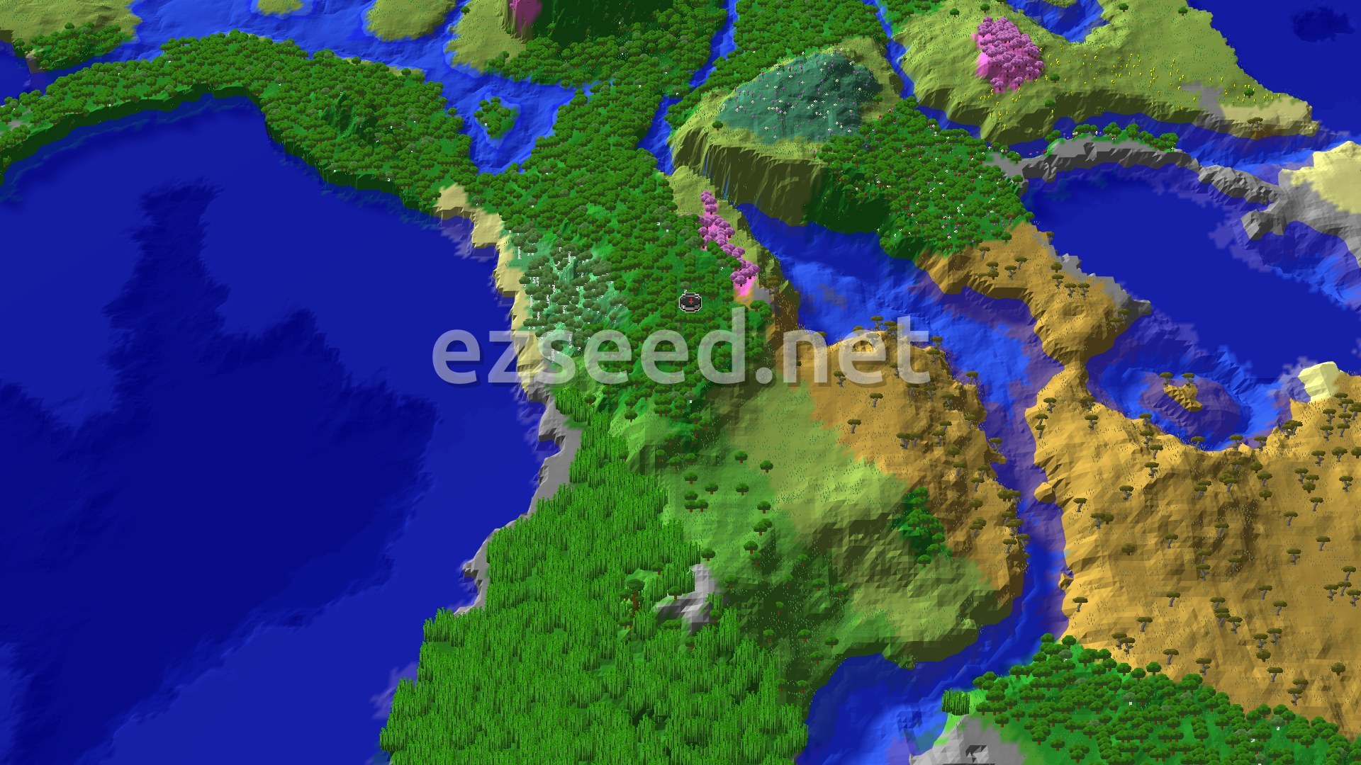 Aerial Minecraft seed map — Cherry Grove Village Start