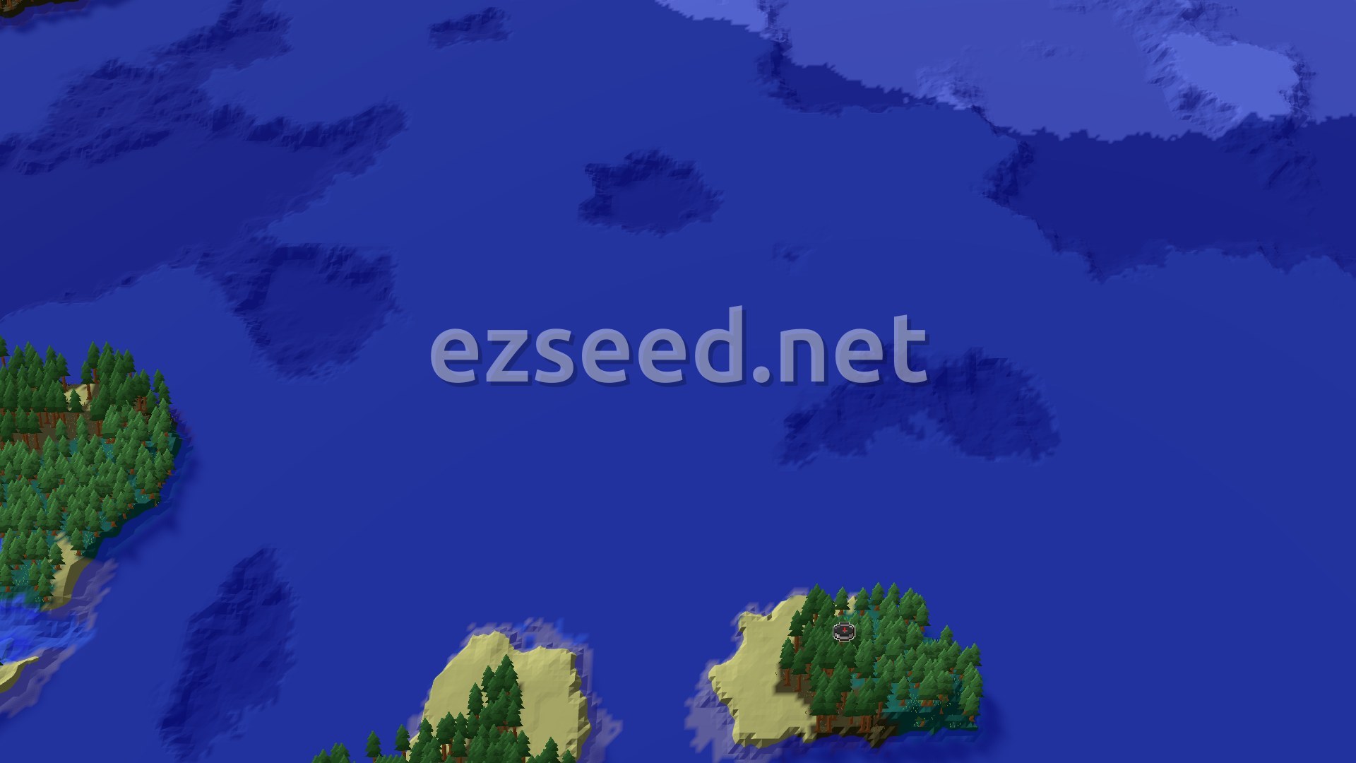 An overhead view of a small island with a spawn marker, surrounded by vast blue ocean and a larger landmass to the northwest. The island is covered in green trees with some sandy beaches.