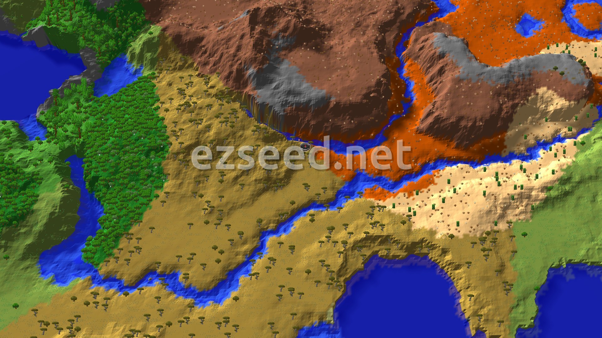 A bird's-eye view of a varied landscape, featuring a large savanna with scattered acacia trees, winding blue rivers, and distinct badlands terrain with eroded cliffs in orange and red hues. A forest is visible to the west.