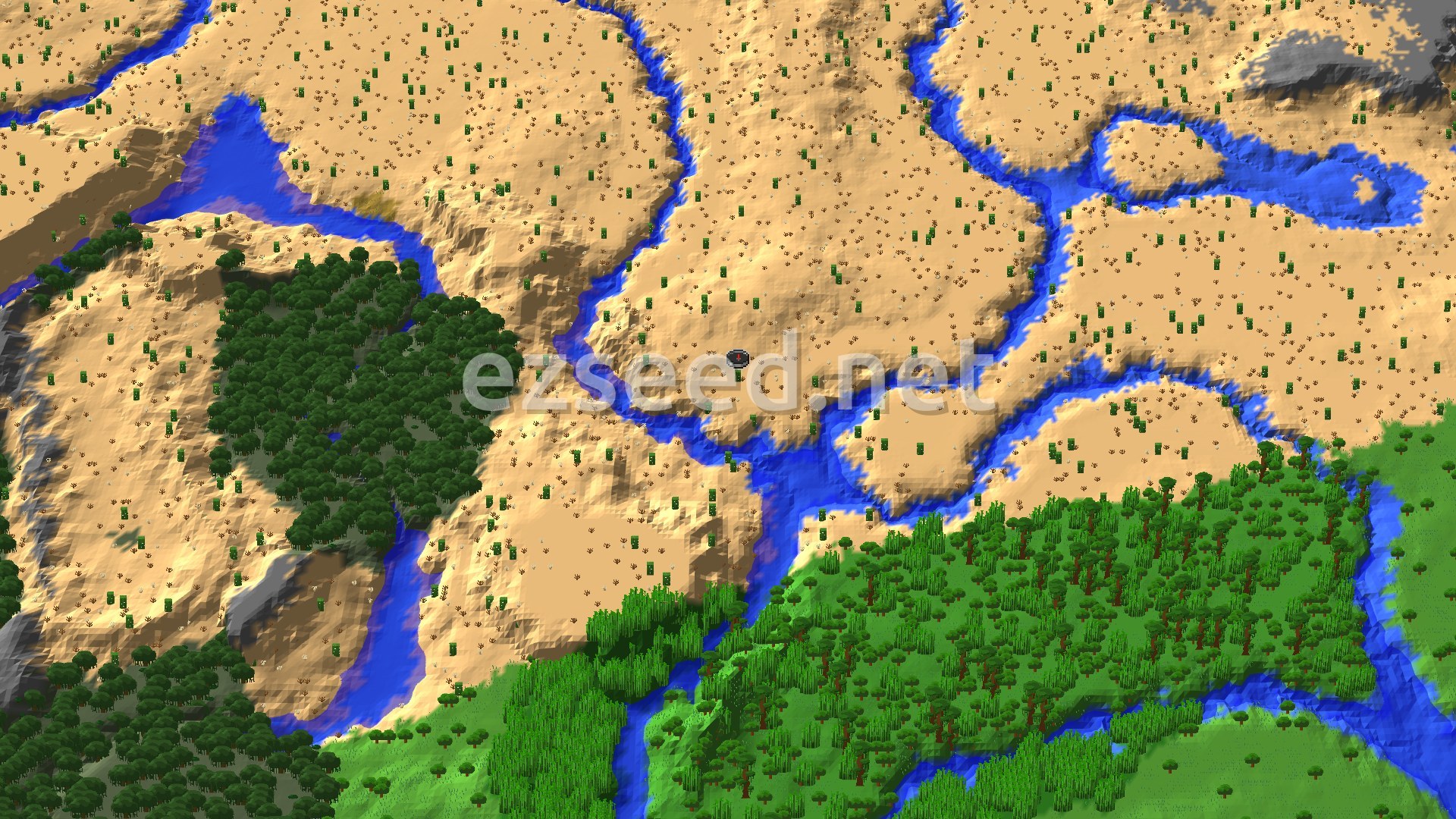 Aerial Minecraft seed map — Desert Spawn with Nearby Jungle and Mangroves