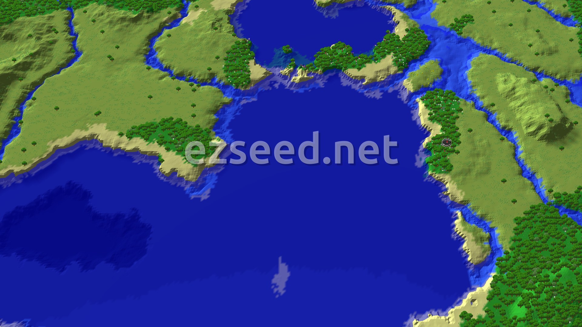 An aerial view of a varied landscape featuring a large blue ocean with several islands and a coastline of beaches, plains, and dense forests, with a small marker indicating spawn.