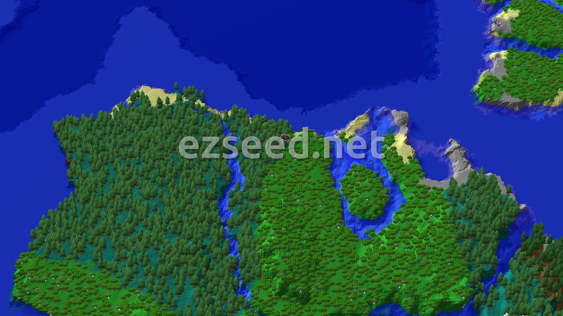 Aerial Minecraft seed map — Taiga Spawn with Nearby Trial Chambers