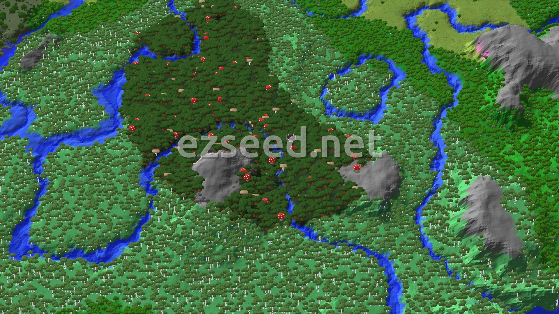 Aerial Minecraft seed map — Dark Forest Spawn with Close Trial Chambers