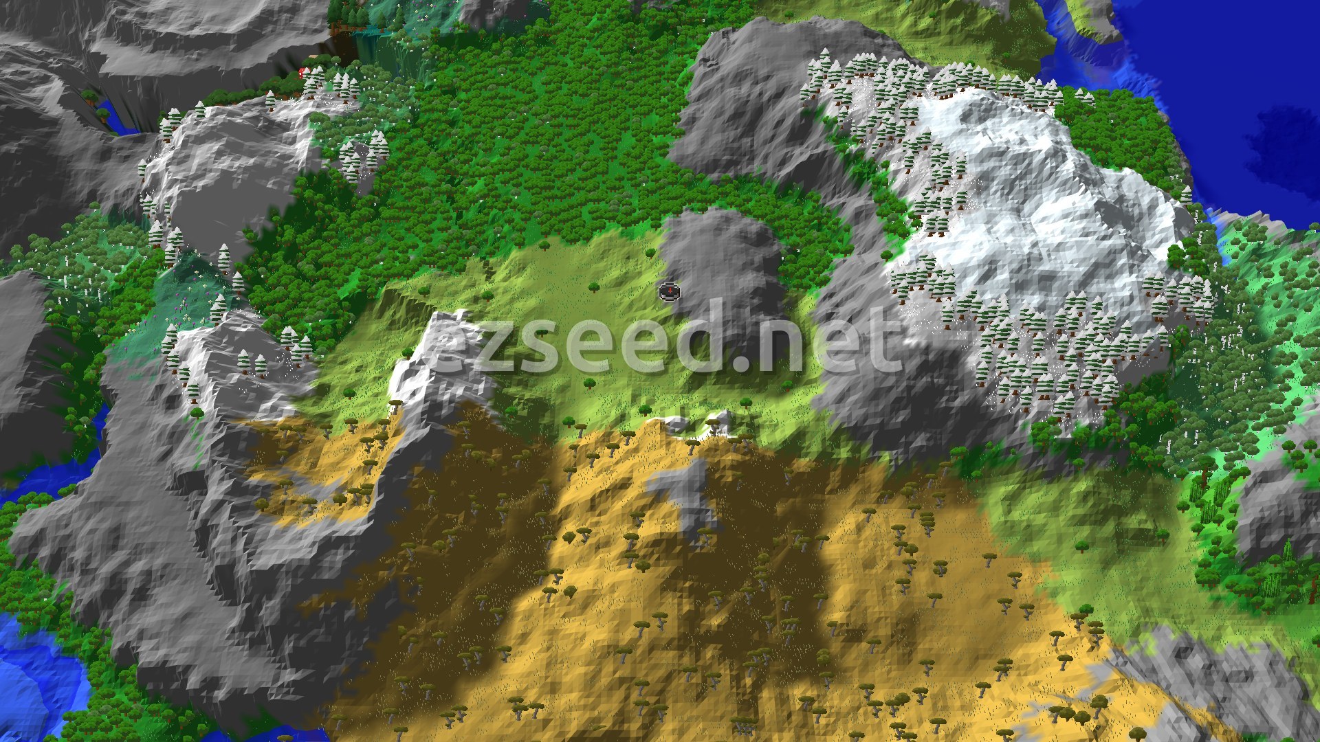 A 3D overhead view of a diverse Minecraft landscape featuring green plains, dark forests, rocky mountains with snow-capped peaks, and a large golden savanna, with a small spawn marker in the center.