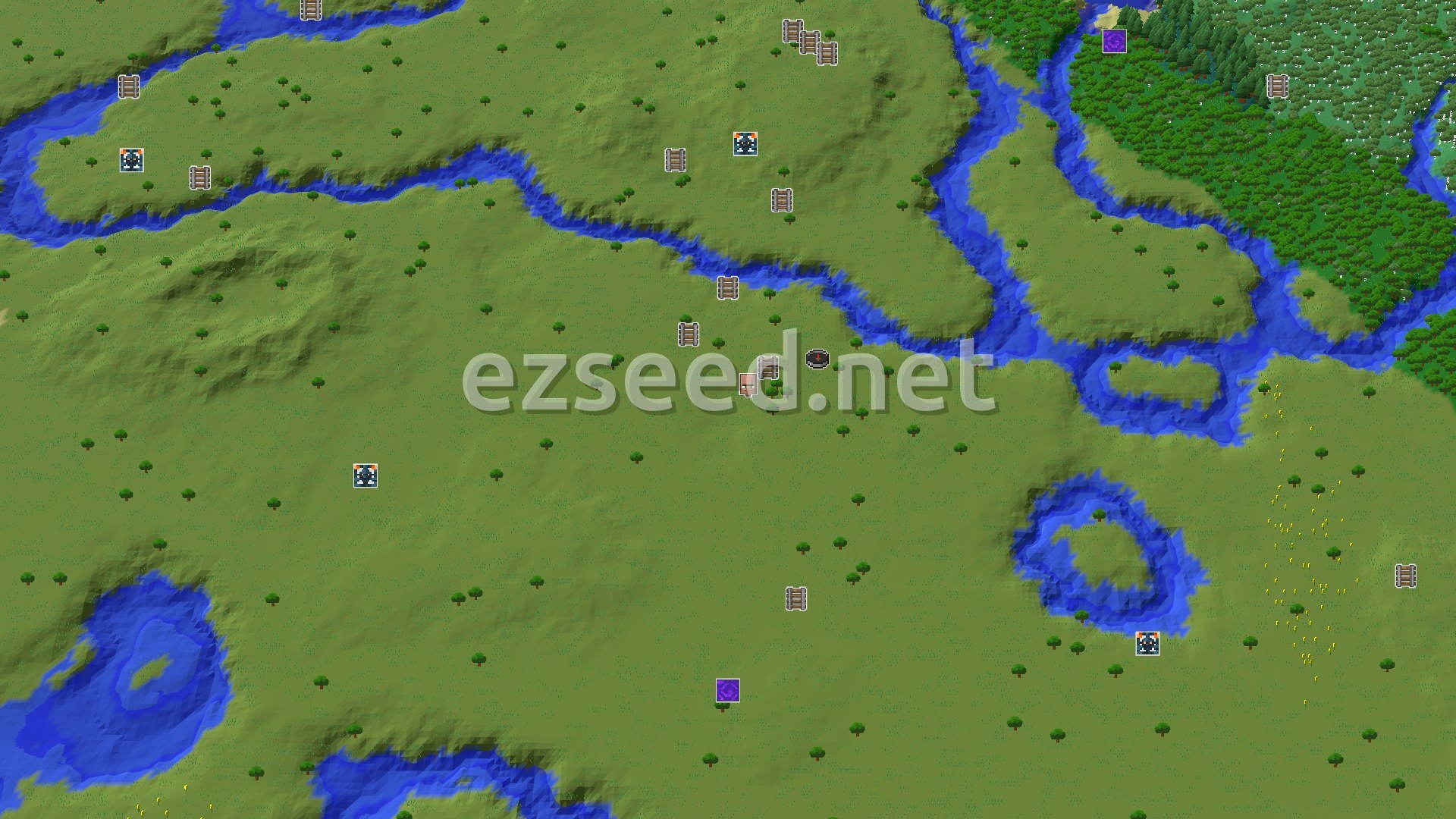 Aerial Minecraft seed map — Close Mineshaft and Village in a Rolling Plains