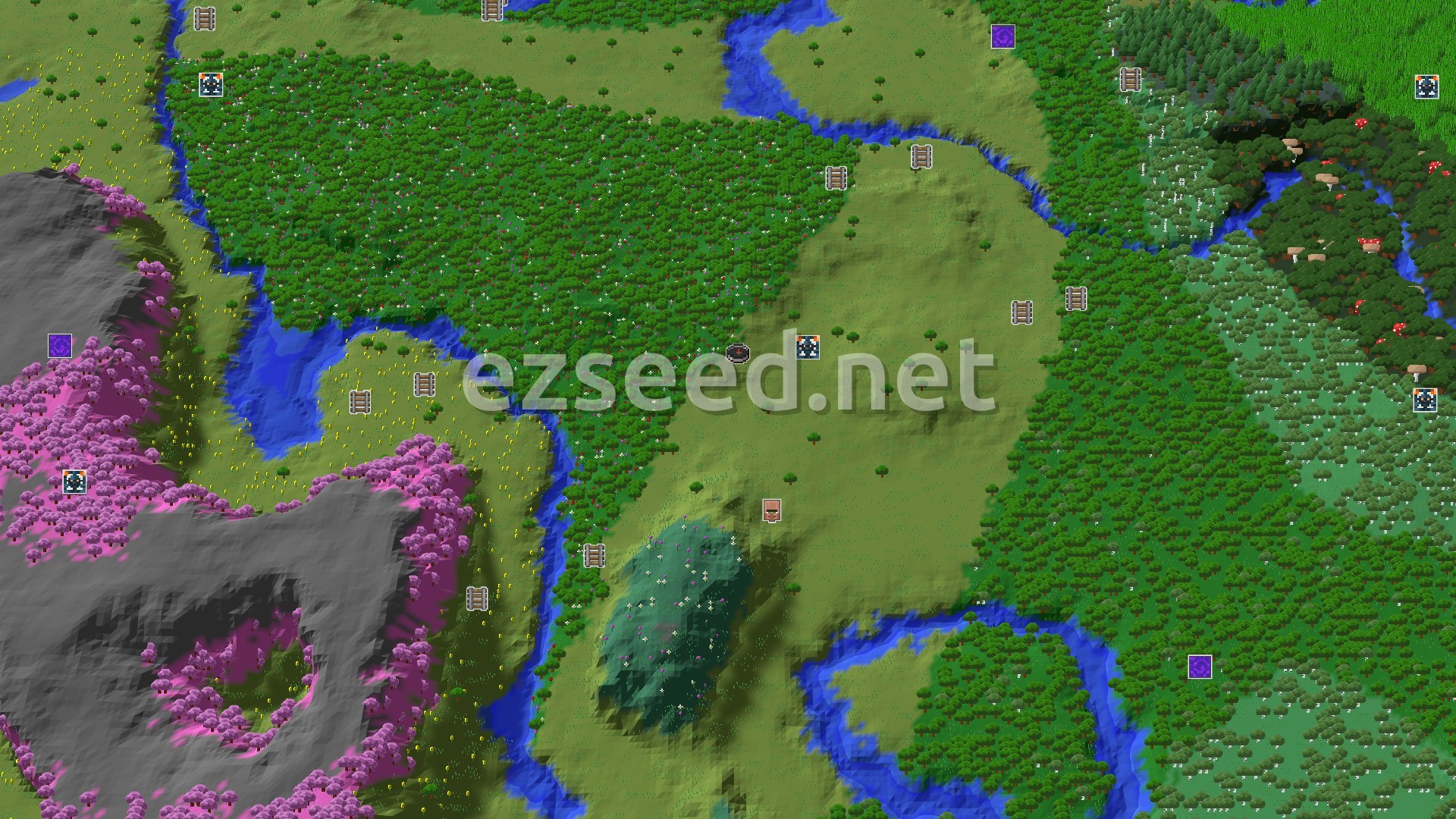Aerial Minecraft seed map — A Cherry Grove Start with Nearby Trials