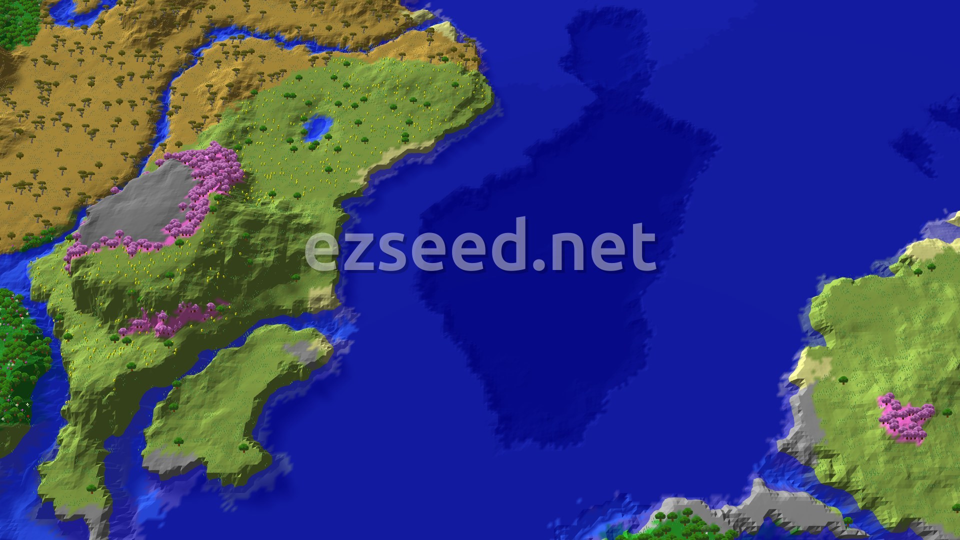 An overhead 3D view of a varied landscape, showing blue ocean, green forested land, some pink Cherry Grove trees, and a gray Stony Shore at the center.