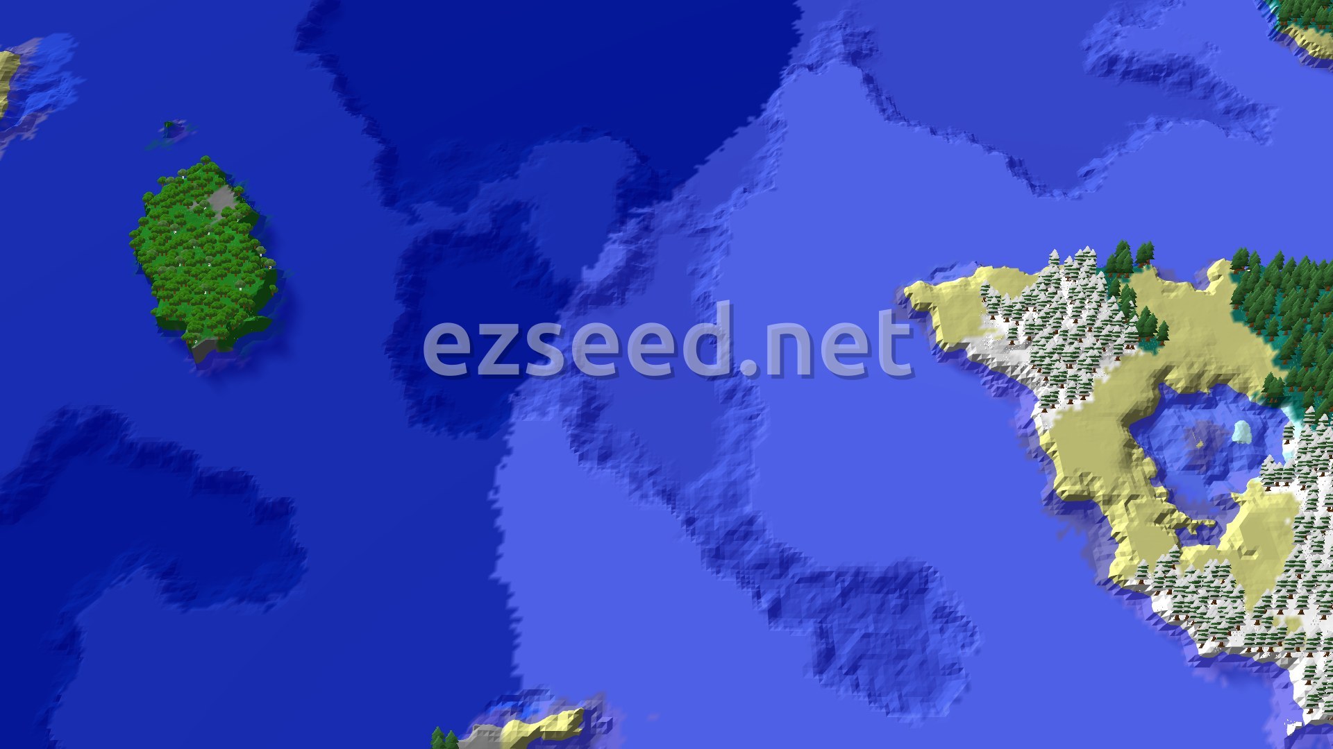 A 3D render of a Minecraft world, showing a large expanse of deep blue ocean with a few islands and a coastline. The land masses feature a mix of green forests, snowy areas with pine trees, and sandy beaches.