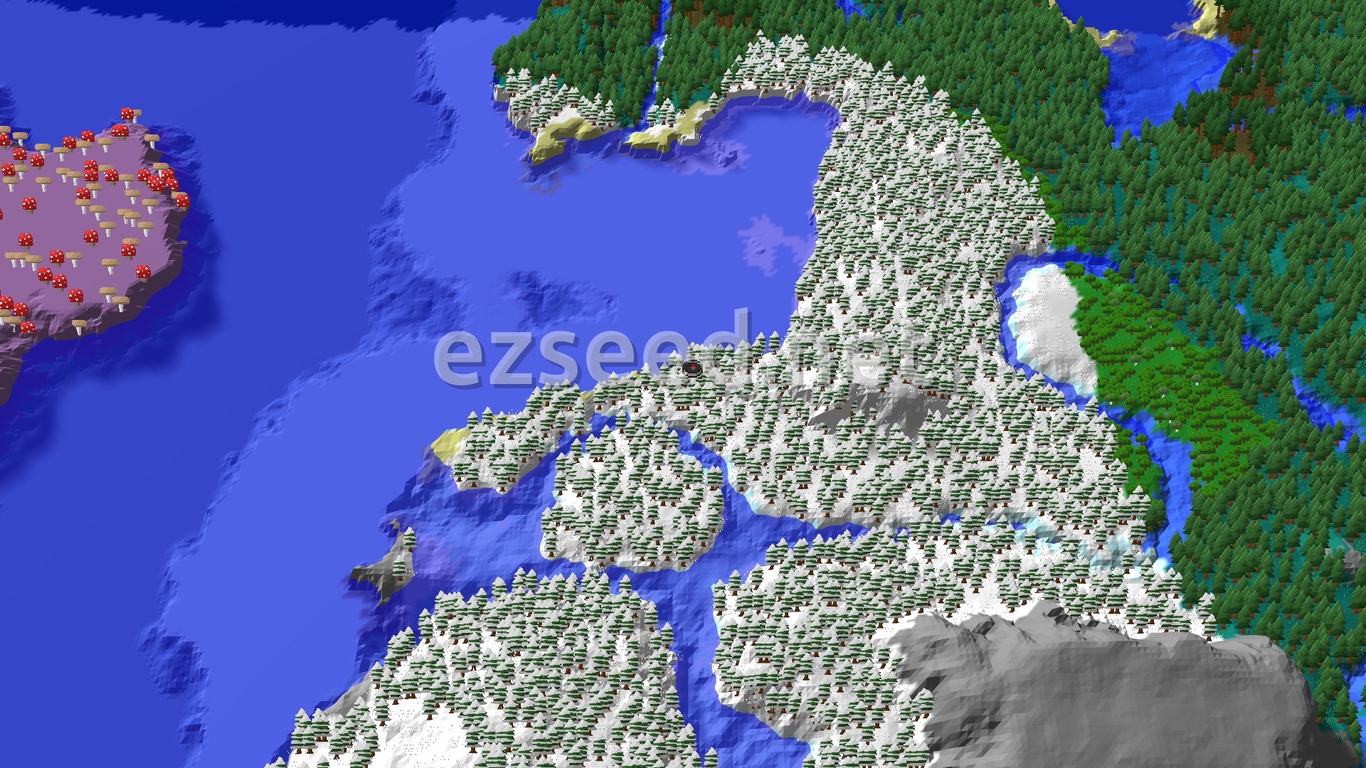 Aerial Minecraft seed map — Frozen Ocean and Taiga with Nearby Mushroom Fields