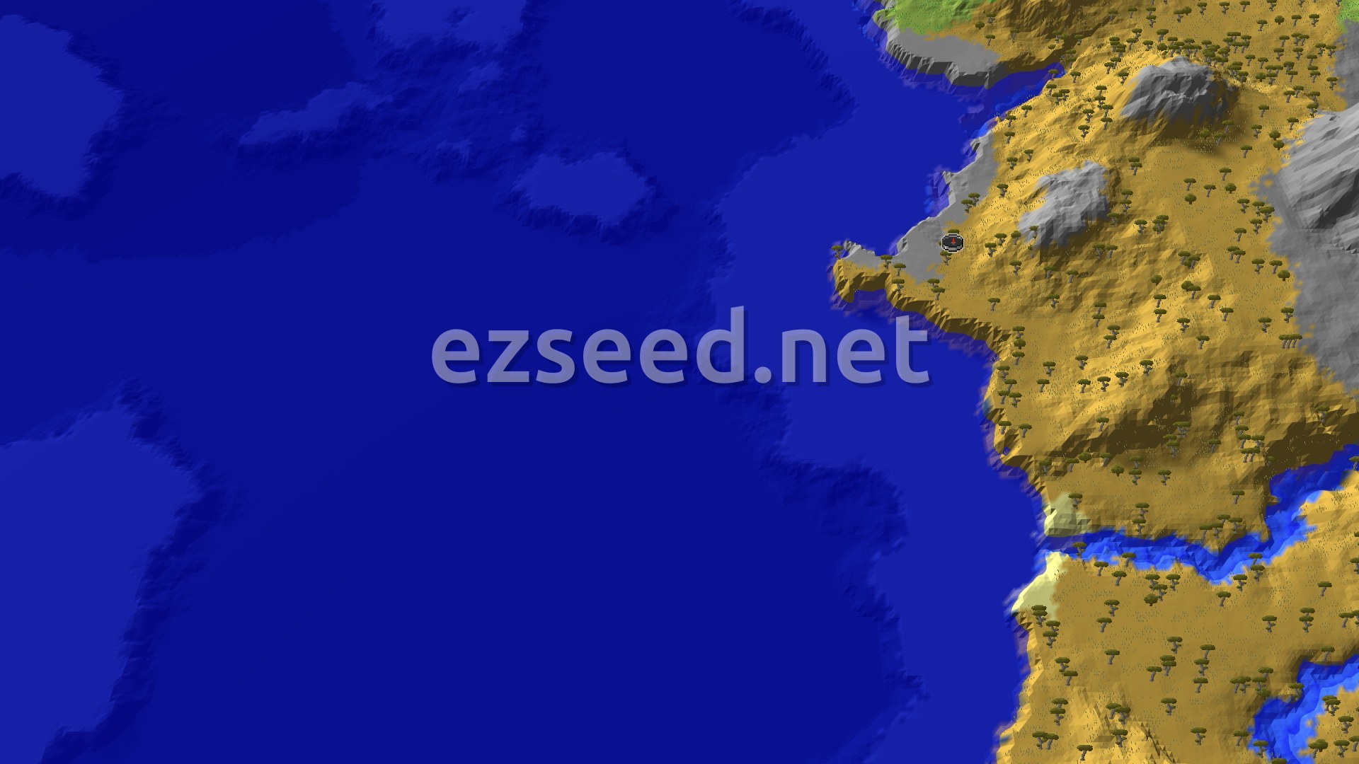 Aerial Minecraft seed map — Savanna Start with Nearby Ocean Ruins and Mineshaft