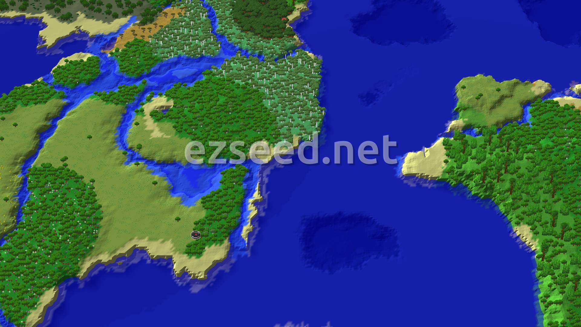 Aerial Minecraft seed map — Forest Spawn with Flower Forest and Jungle Nearby