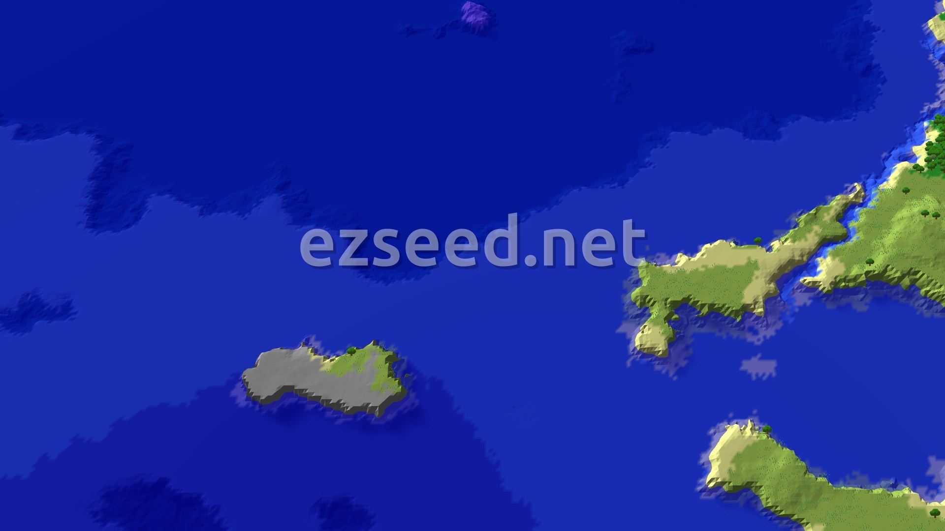 A 3D render of a mostly flat, green landmass with some trees, surrounded by large blue oceans. A small marker indicates the spawn point on the land.