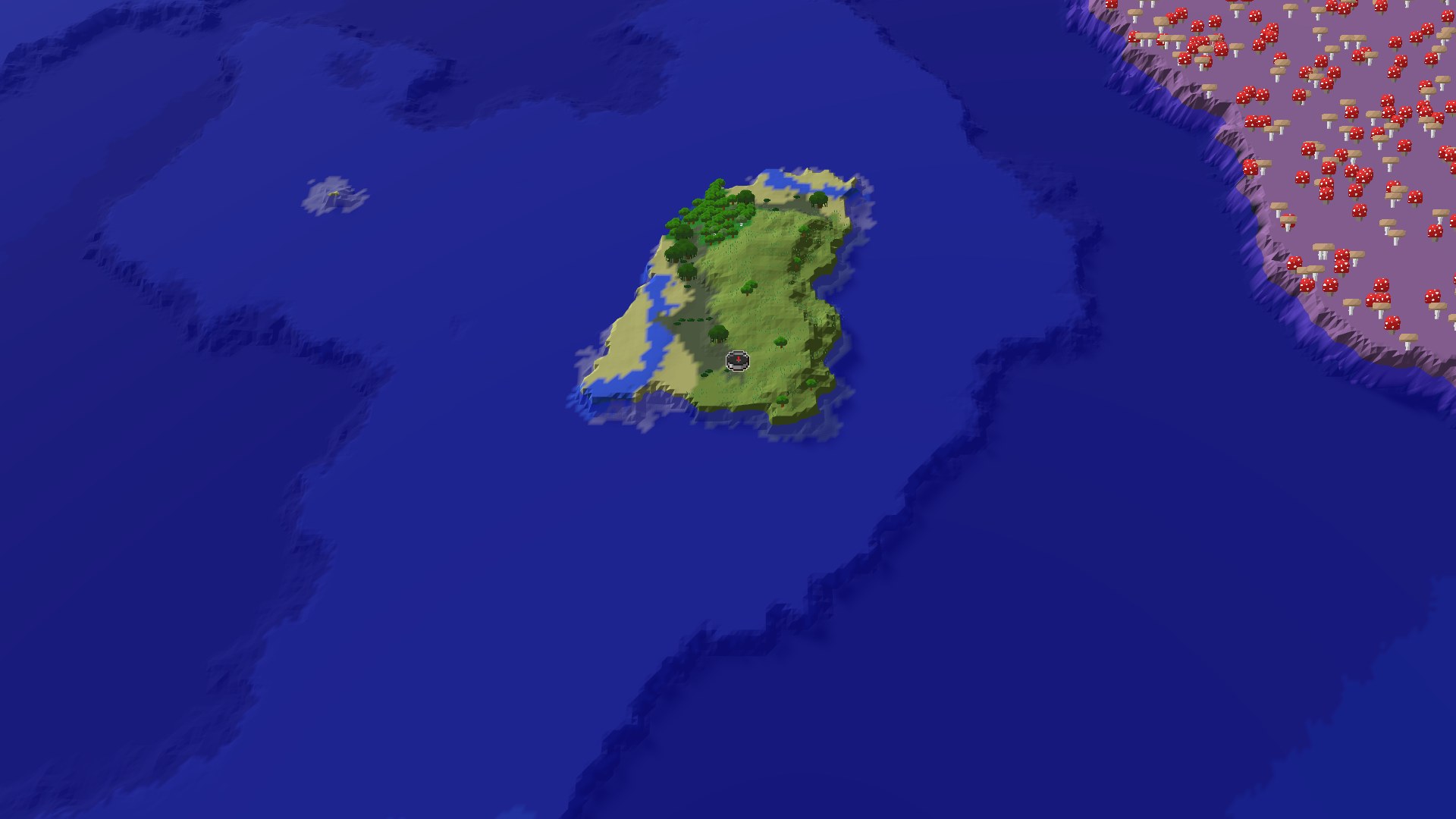 An aerial view shows a small, green landmass in a vast blue ocean. A mushroom fields biome with many red and white mushrooms is visible to the upper right.