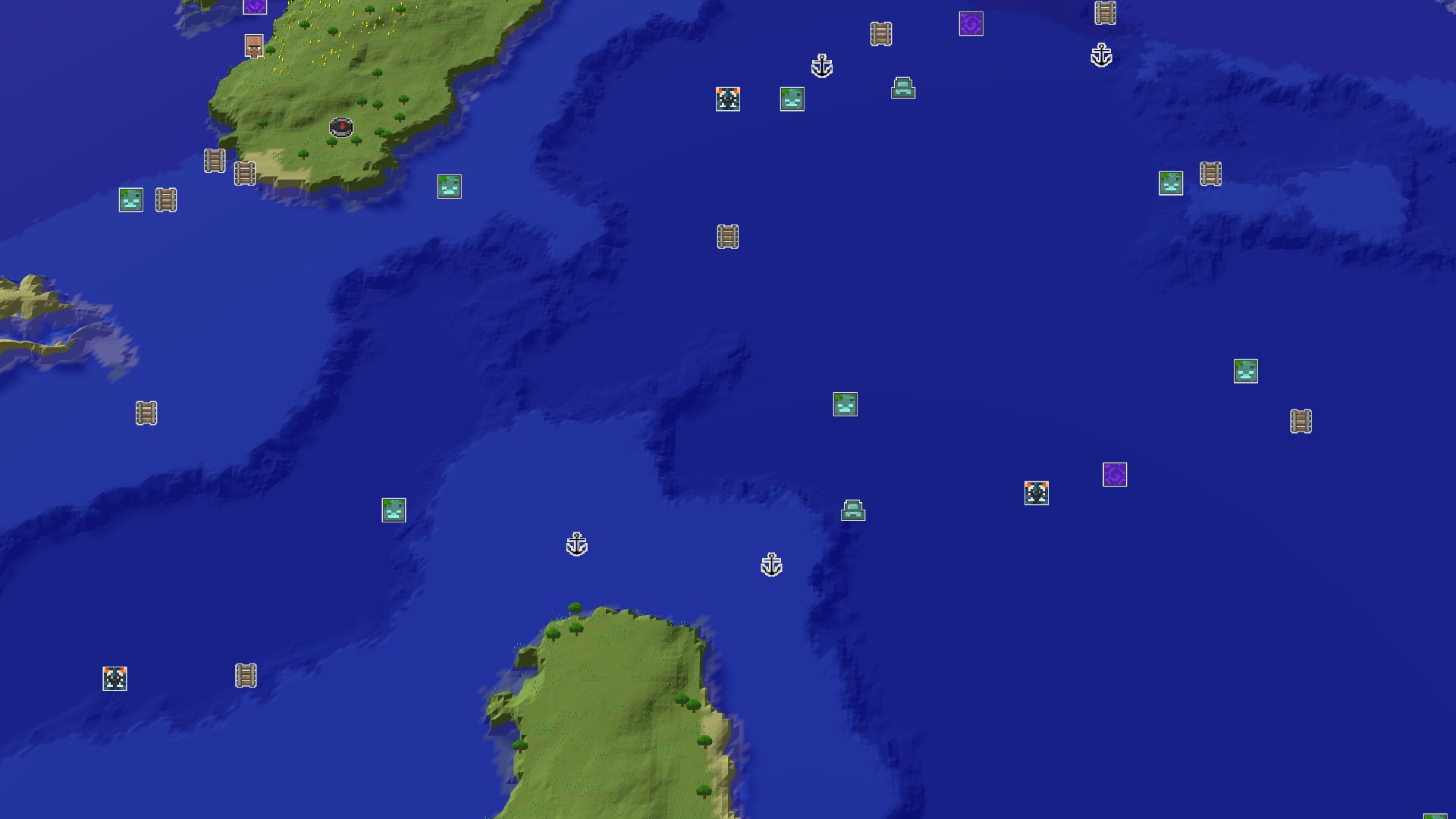 A 3D aerial view of a mostly ocean world, with a few green landmasses, scattered trees, and a small spawn marker on one of the larger landmasses.