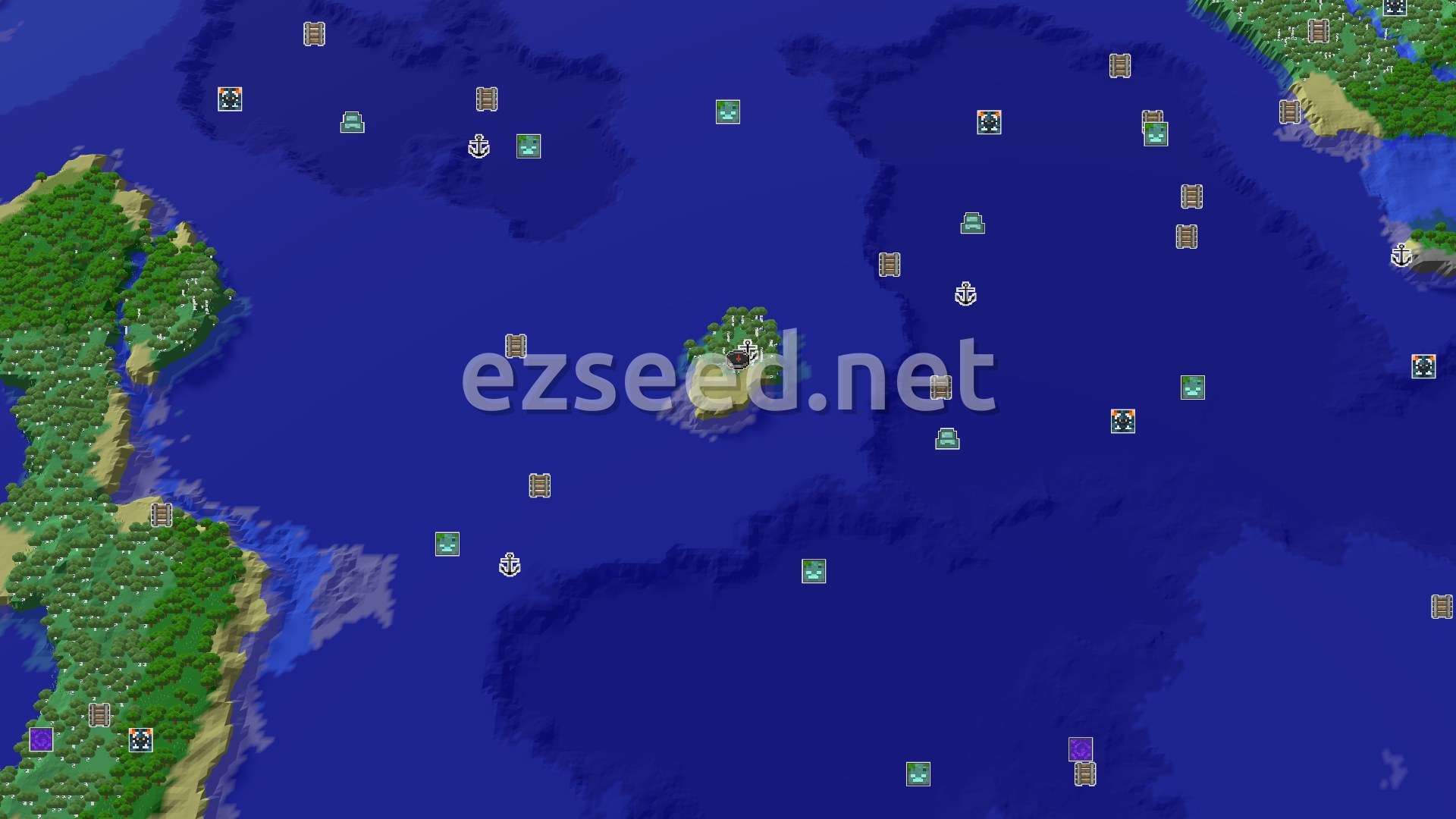 Aerial Minecraft seed map — Ocean Island Start with Nearby Old Growth Birch and Trial Chambers