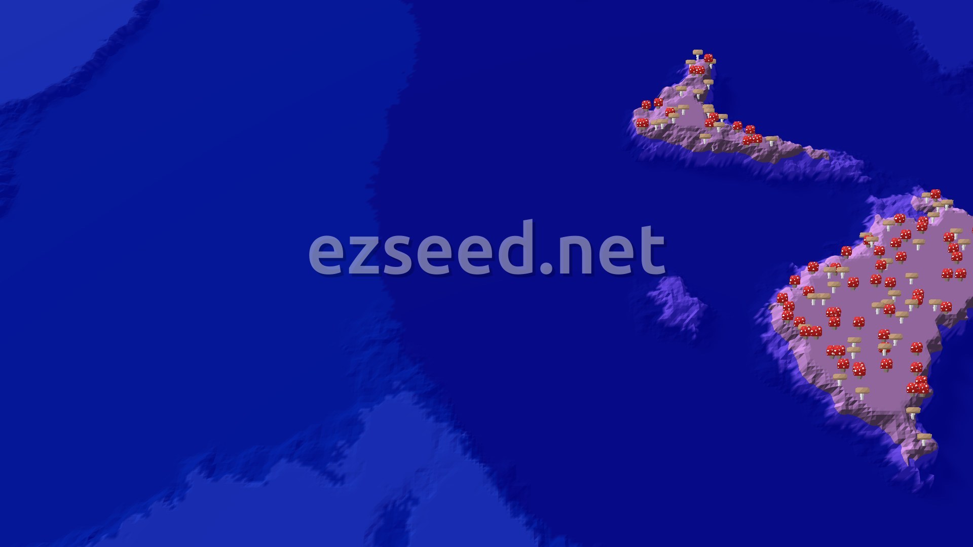 A 3D fly-over of a Taiga forest and ocean around the spawn point, with a small marker at the center. The ocean has some small islands and mushroom fields.