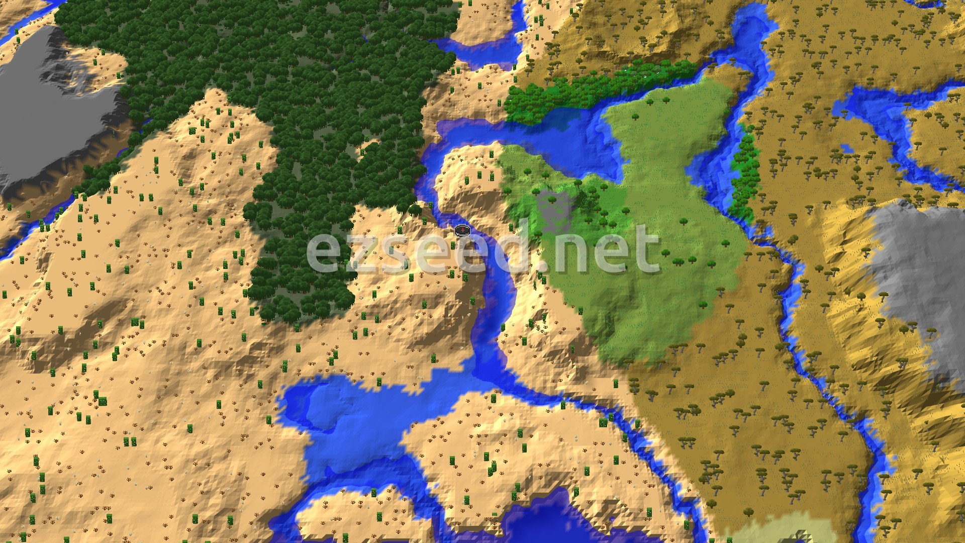 An aerial view shows a sprawling desert landscape with scattered cacti and a winding river. A dense forest borders the desert to the west, and a lighter green Mangrove Swamp is visible across the river to the east. Savanna biomes with acacia trees are also present further east.