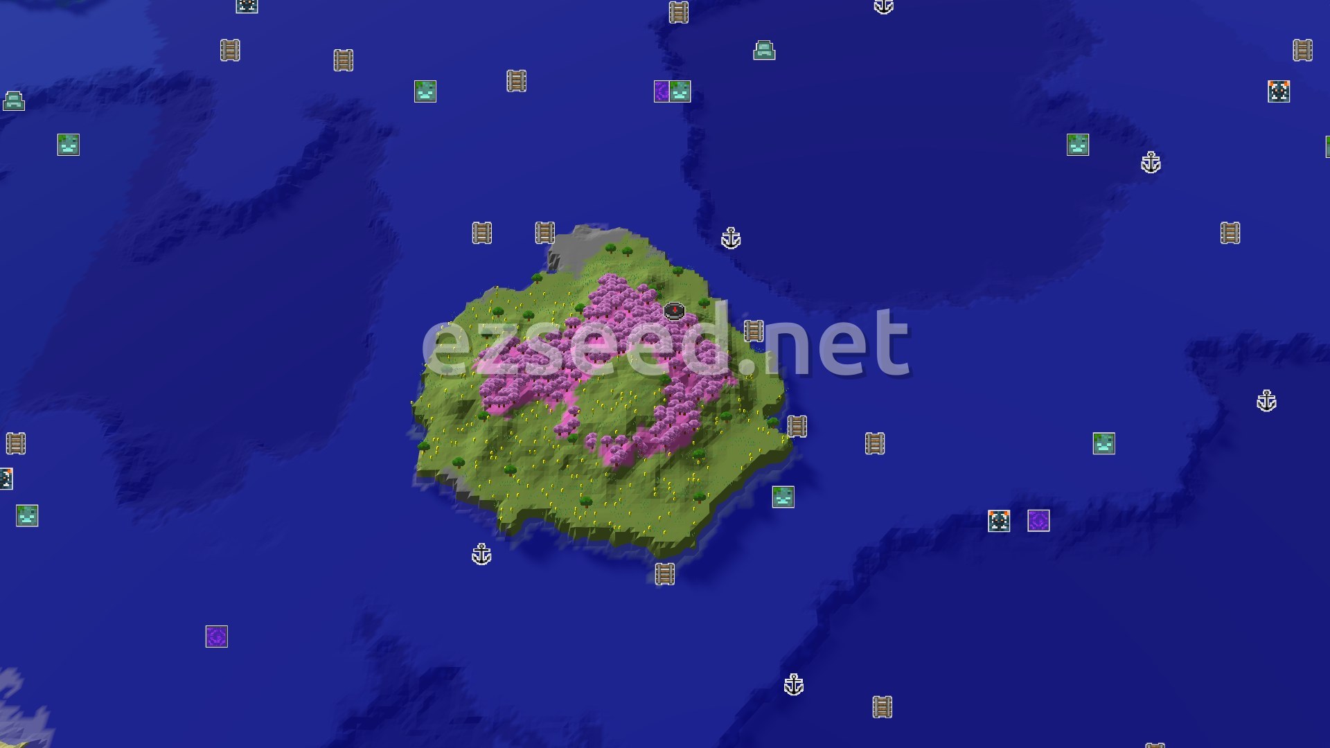 Aerial Minecraft seed map — Cherry Grove Spawn with Nearby Mineshaft and Ocean Views