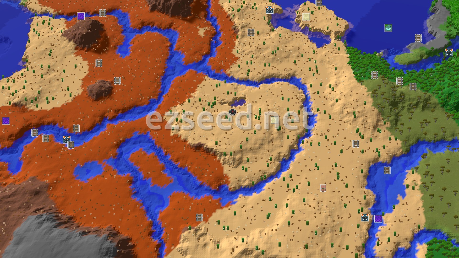 Aerial Minecraft seed map — Desert Start with Quick Badlands and Village Access