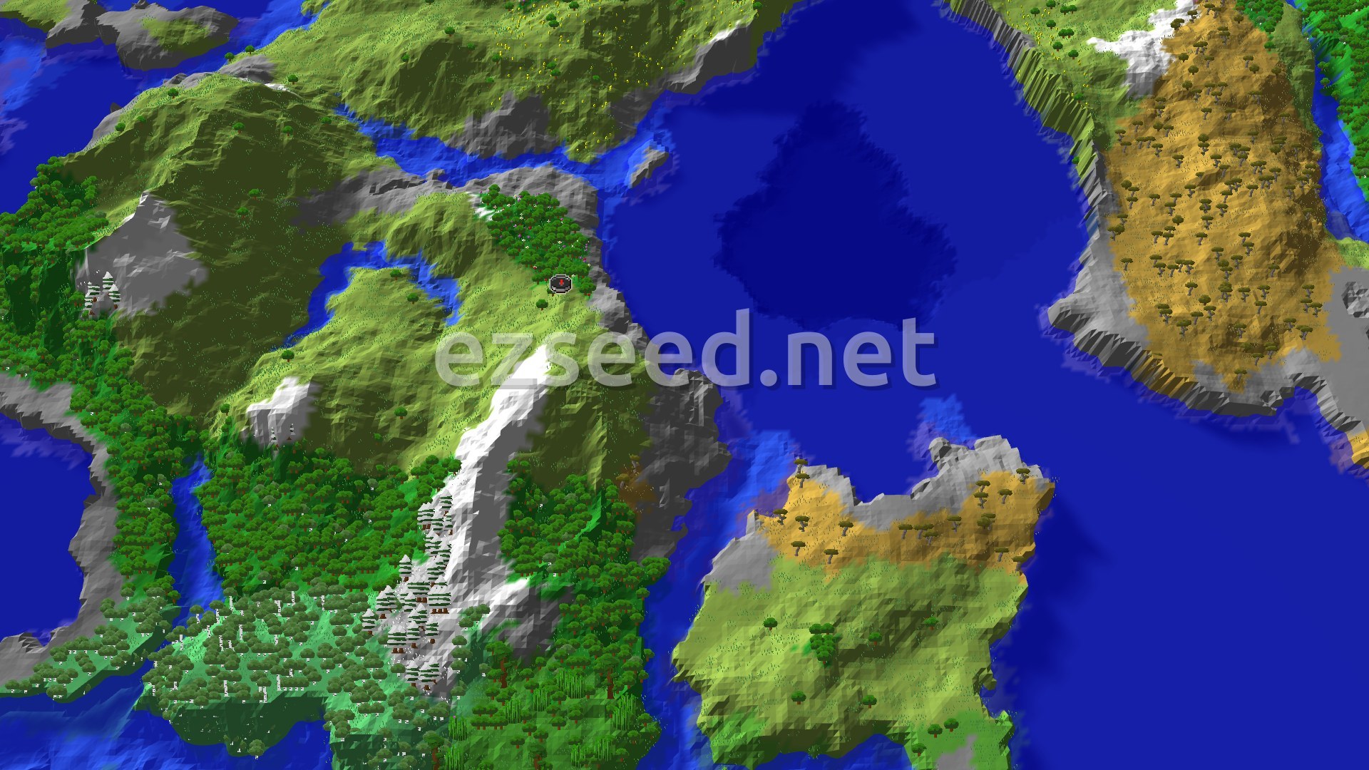 Aerial Minecraft seed map — Spawn in a Plains, Explore Jagged Peaks and Dark Forests