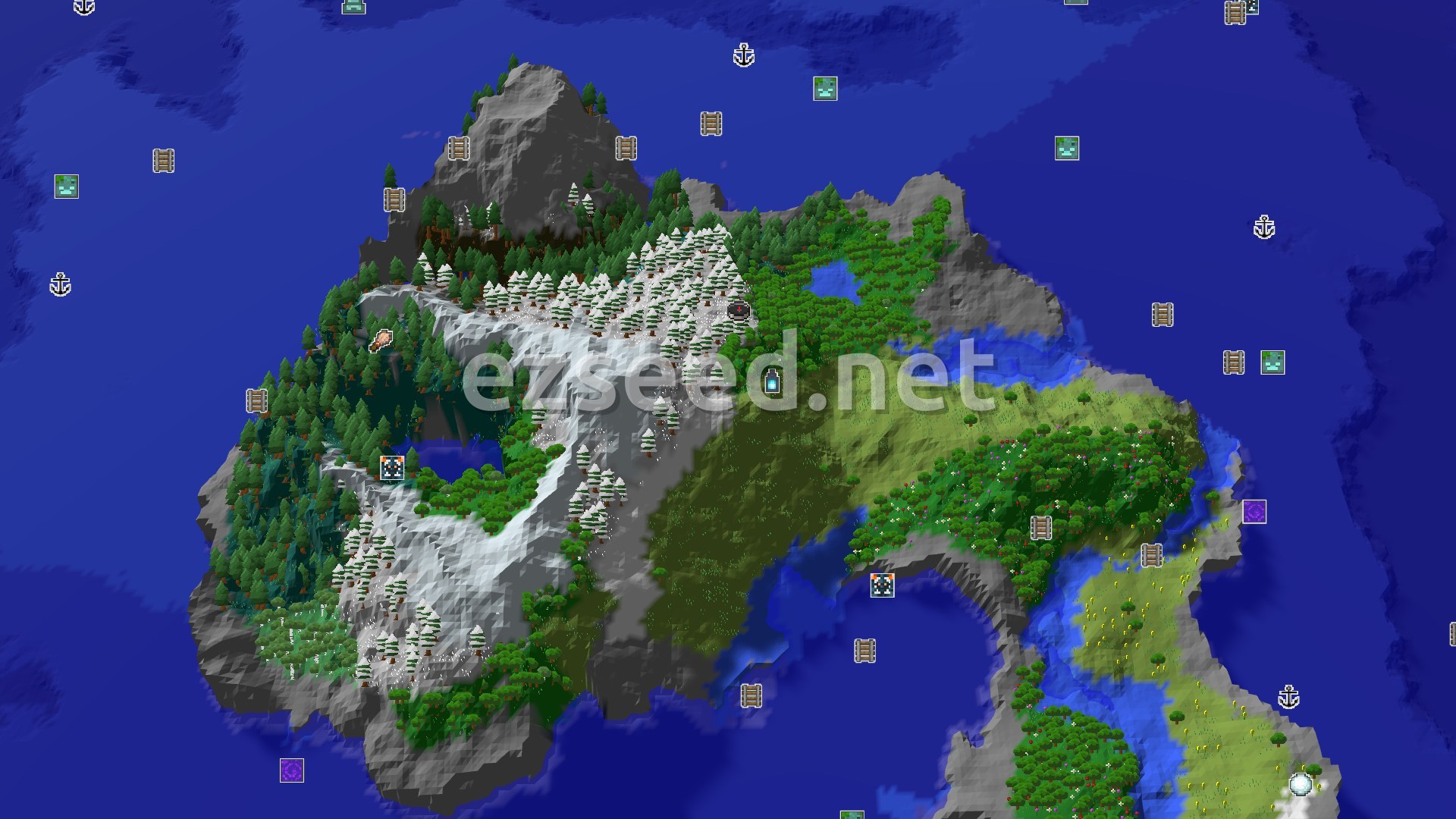 Aerial Minecraft seed map — Spawn in an Icy Grove, Ancient City Nearby