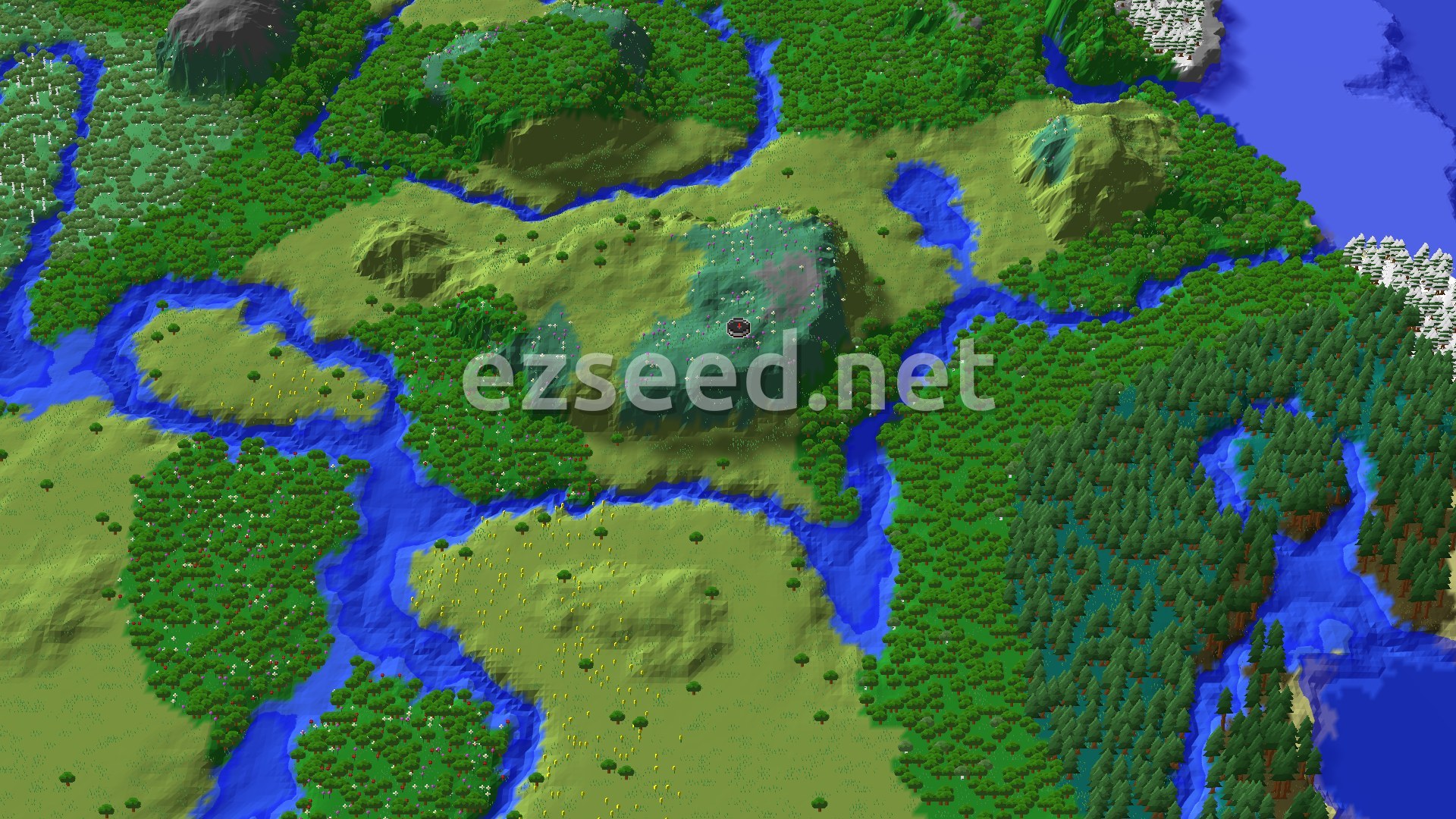 Aerial Minecraft seed map — Flower Forest Start with Trial Chambers Nearby