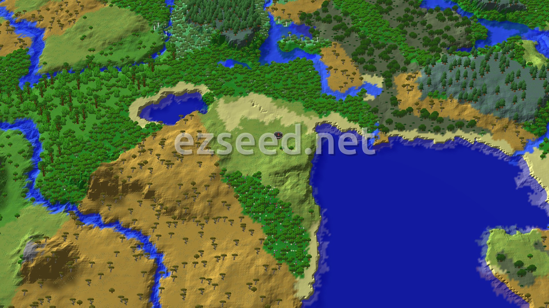 A 3D fly-over of the terrain and vegetation around spawn, with a small spawn marker at the center. The landscape shows a mix of plains, forests, and savanna biomes, with some rivers and an ocean to the east.