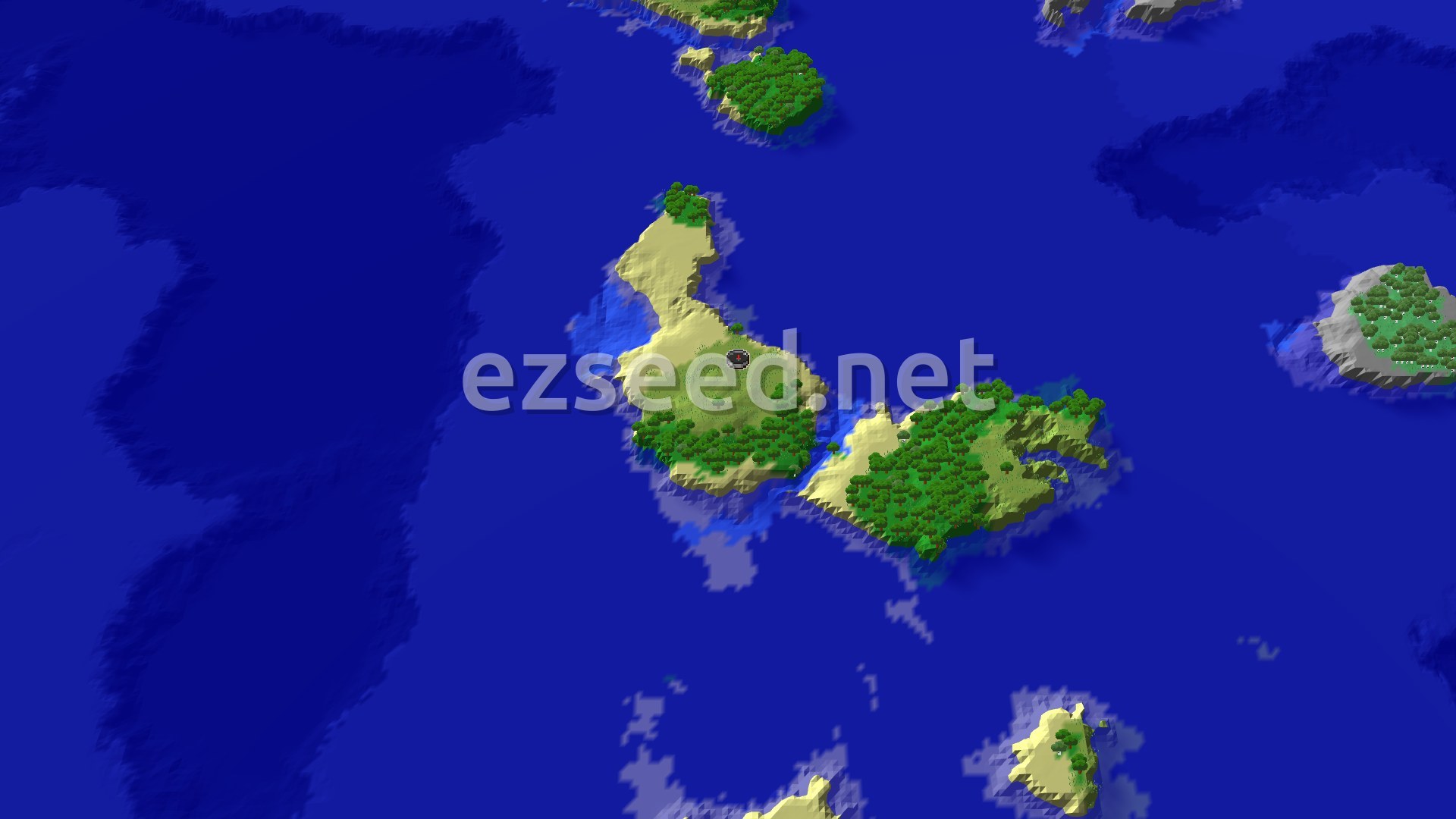 A 3D aerial view shows a collection of medium-sized green and tan islands surrounded by deep blue ocean. A small marker indicates the spawn point on one of the larger islands.