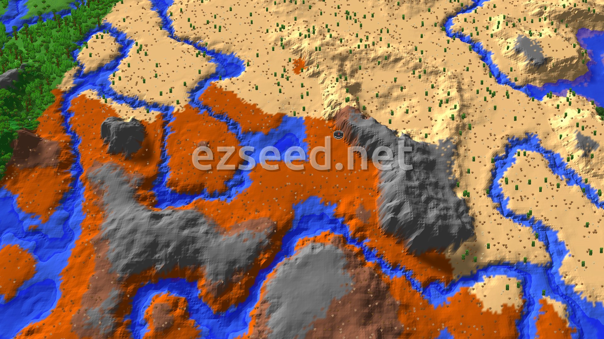 Aerial Minecraft seed map — Badlands Spawn with Eroded Peaks and Desert