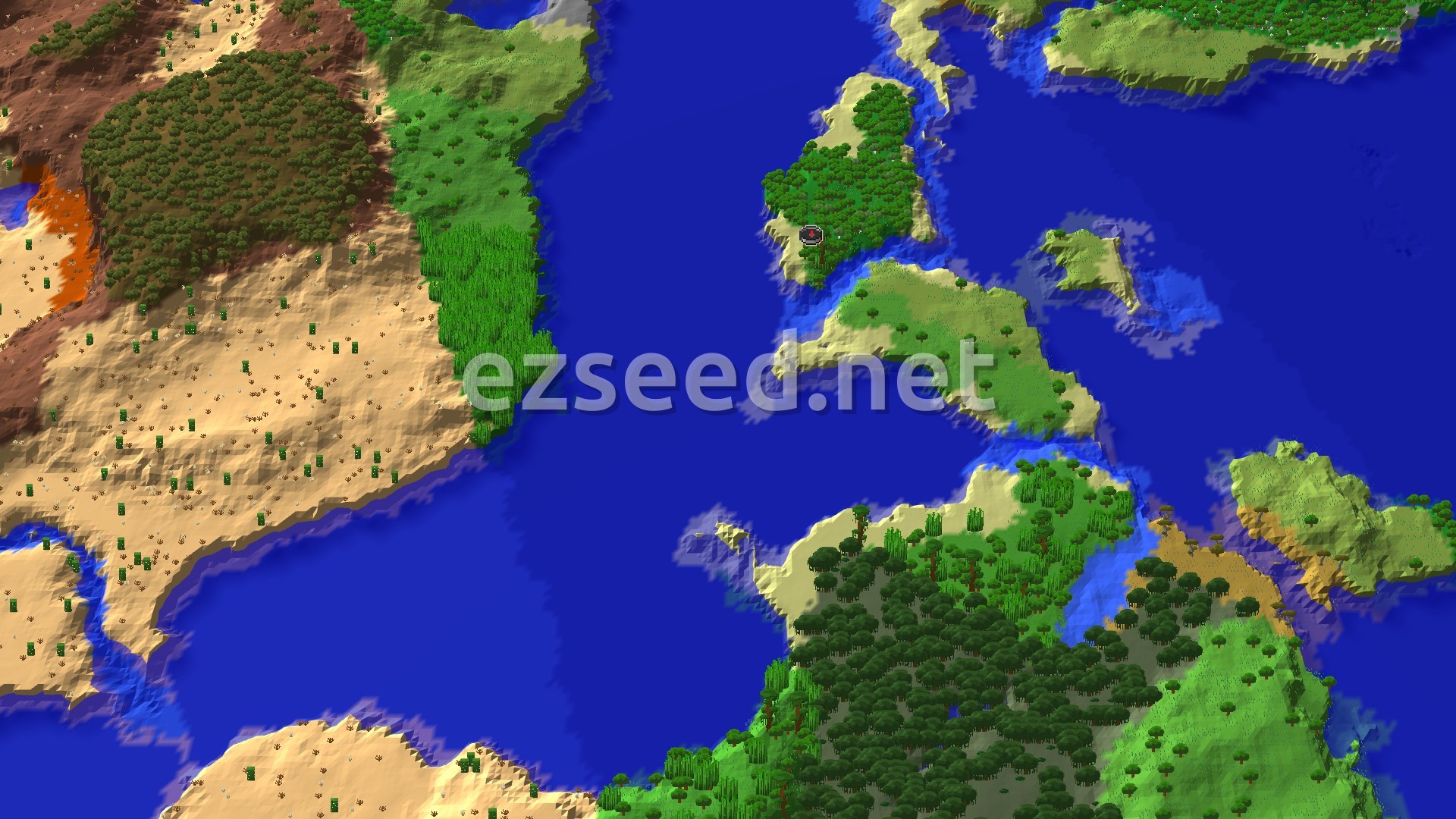 Aerial Minecraft seed map — Bamboo Jungle and Badlands Near a Beach Spawn