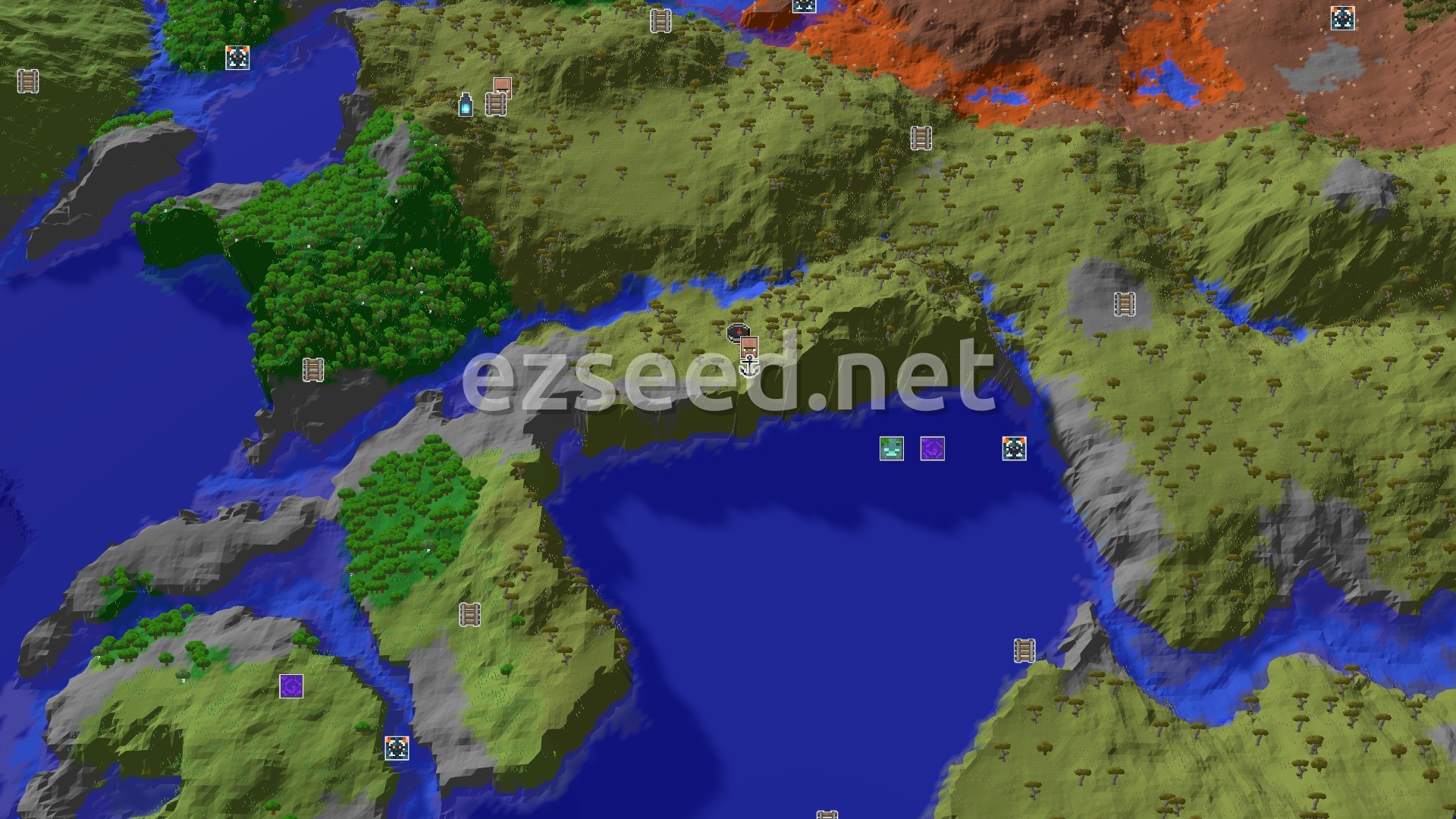 Aerial Minecraft seed map — Savanna Spawn with a Village and Ancient City Nearby