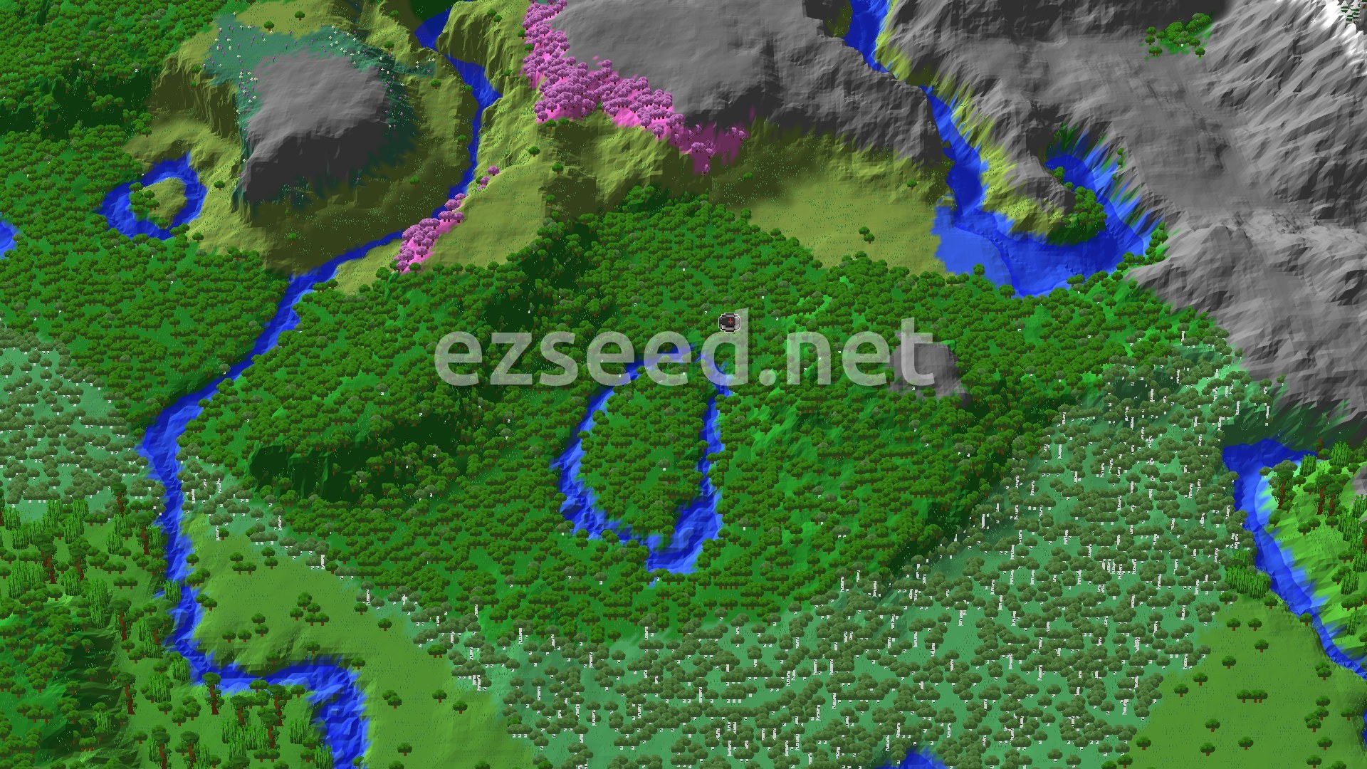 Aerial Minecraft seed map — Forest Spawn with Nearby Cherry Groves and a Distant Ancient City