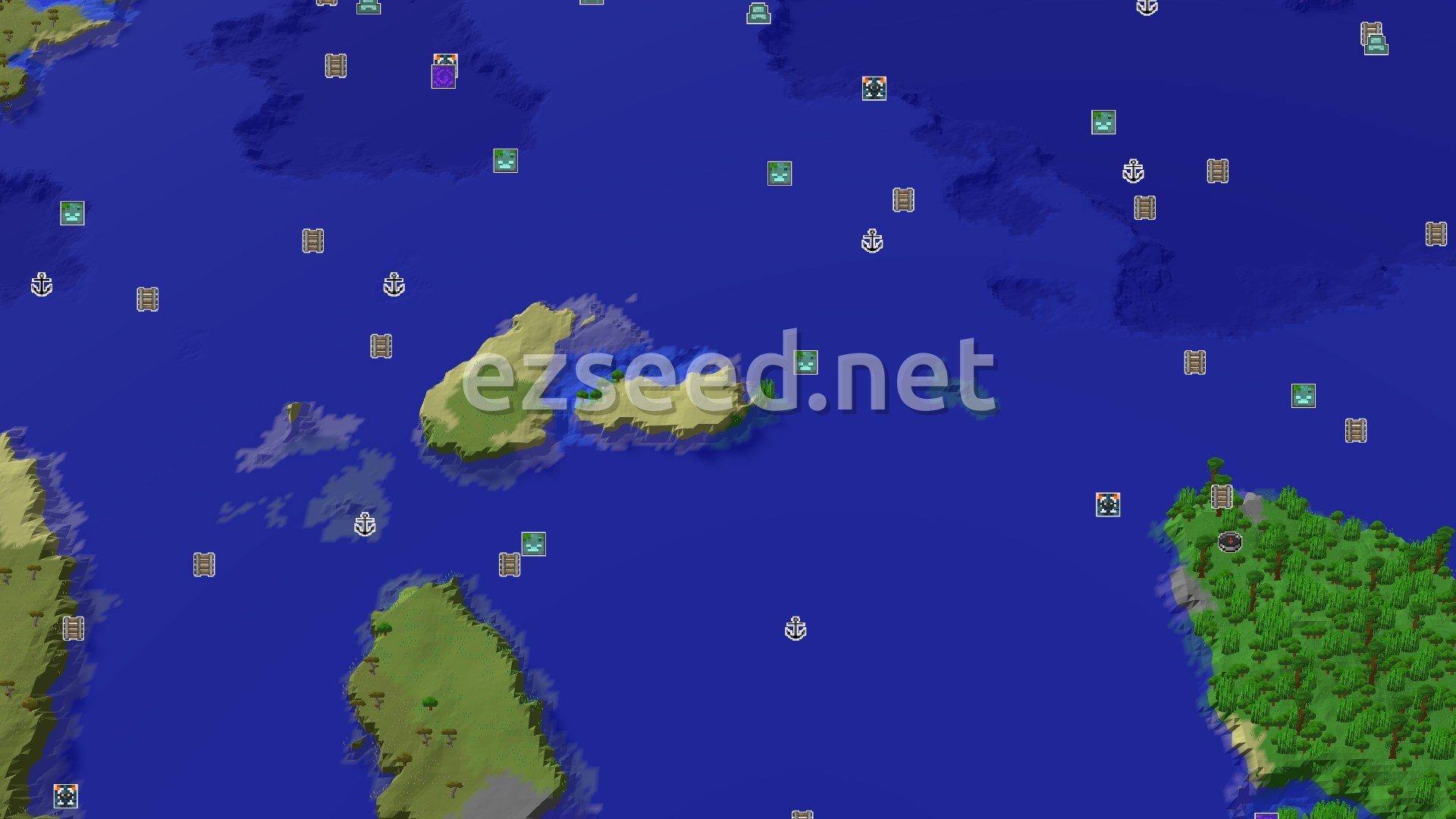 Aerial Minecraft seed map — Jungle Island Spawn with Close Trial Chambers