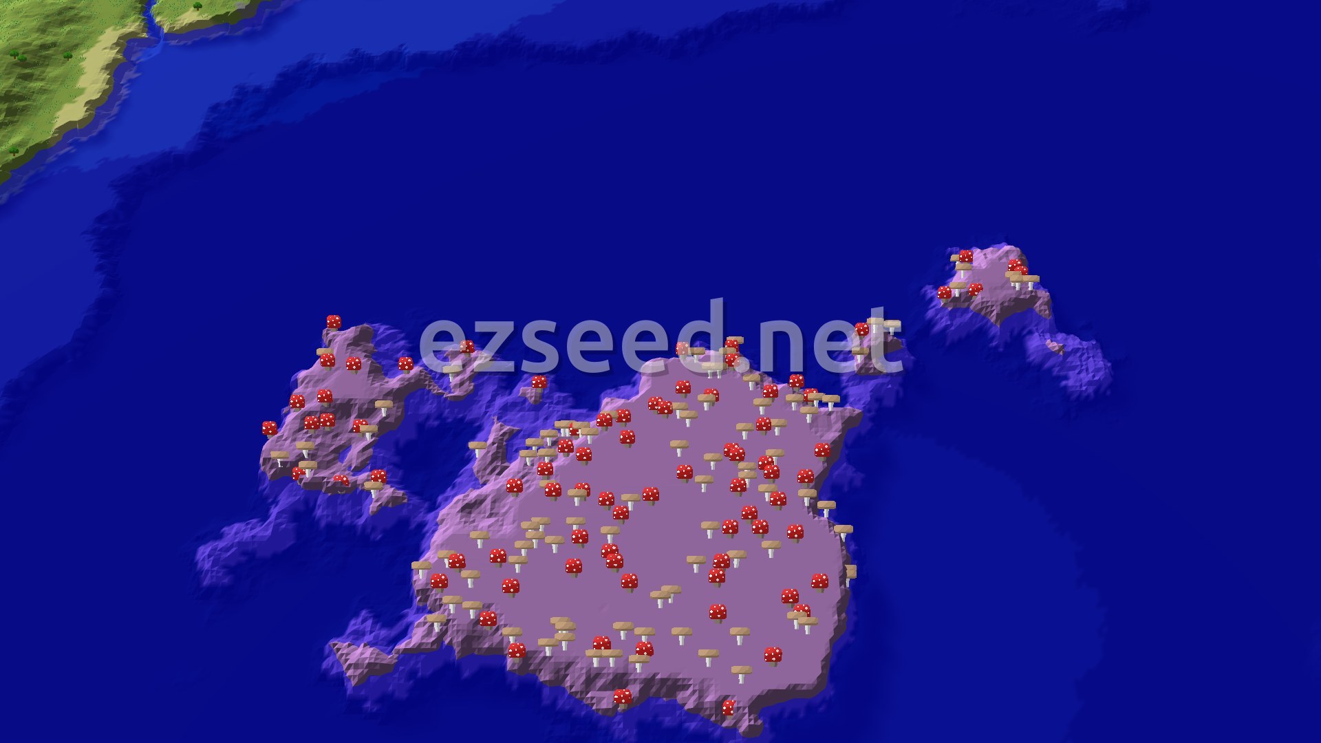 An aerial 3D view shows a vast blue ocean with a large mushroom island featuring many red and white mushrooms. A green landmass is visible in the distance to the northwest.