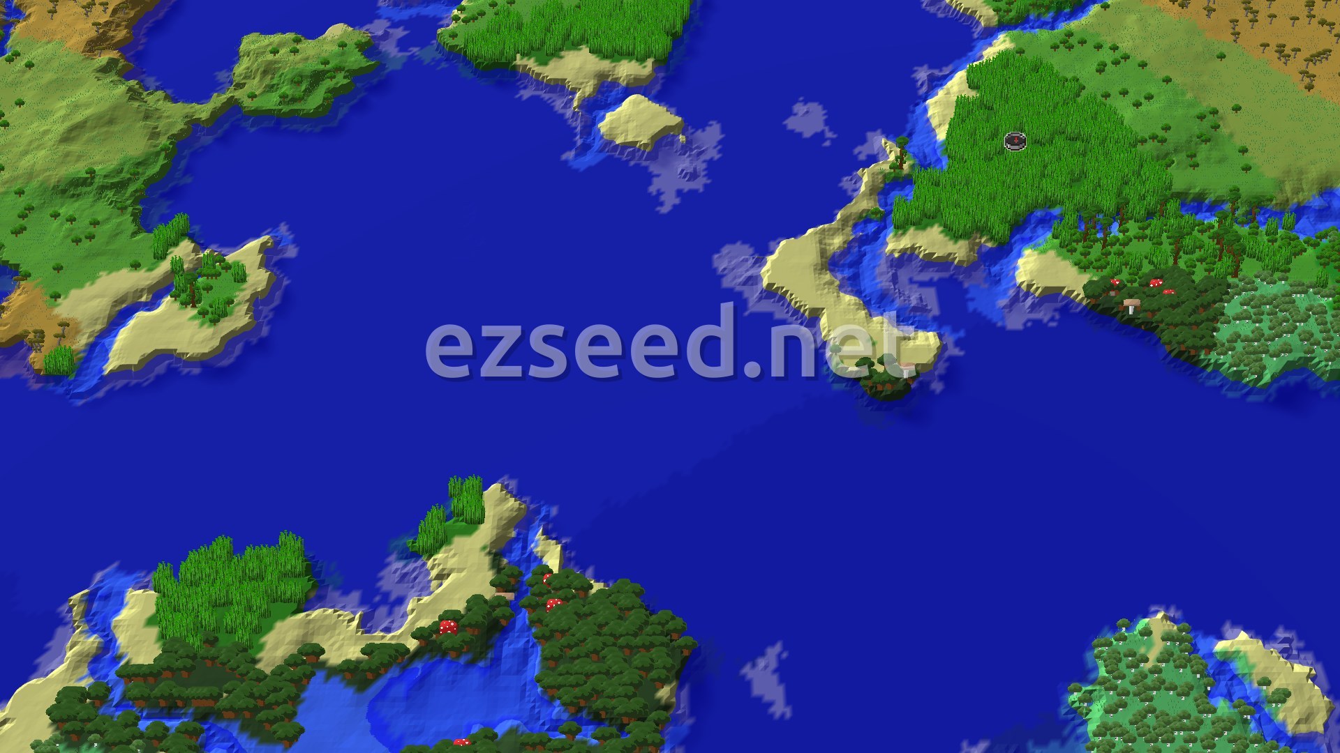 A bird's eye view of an ocean dotted with islands of various green biomes, including jungles and forests, with some sandy beaches.