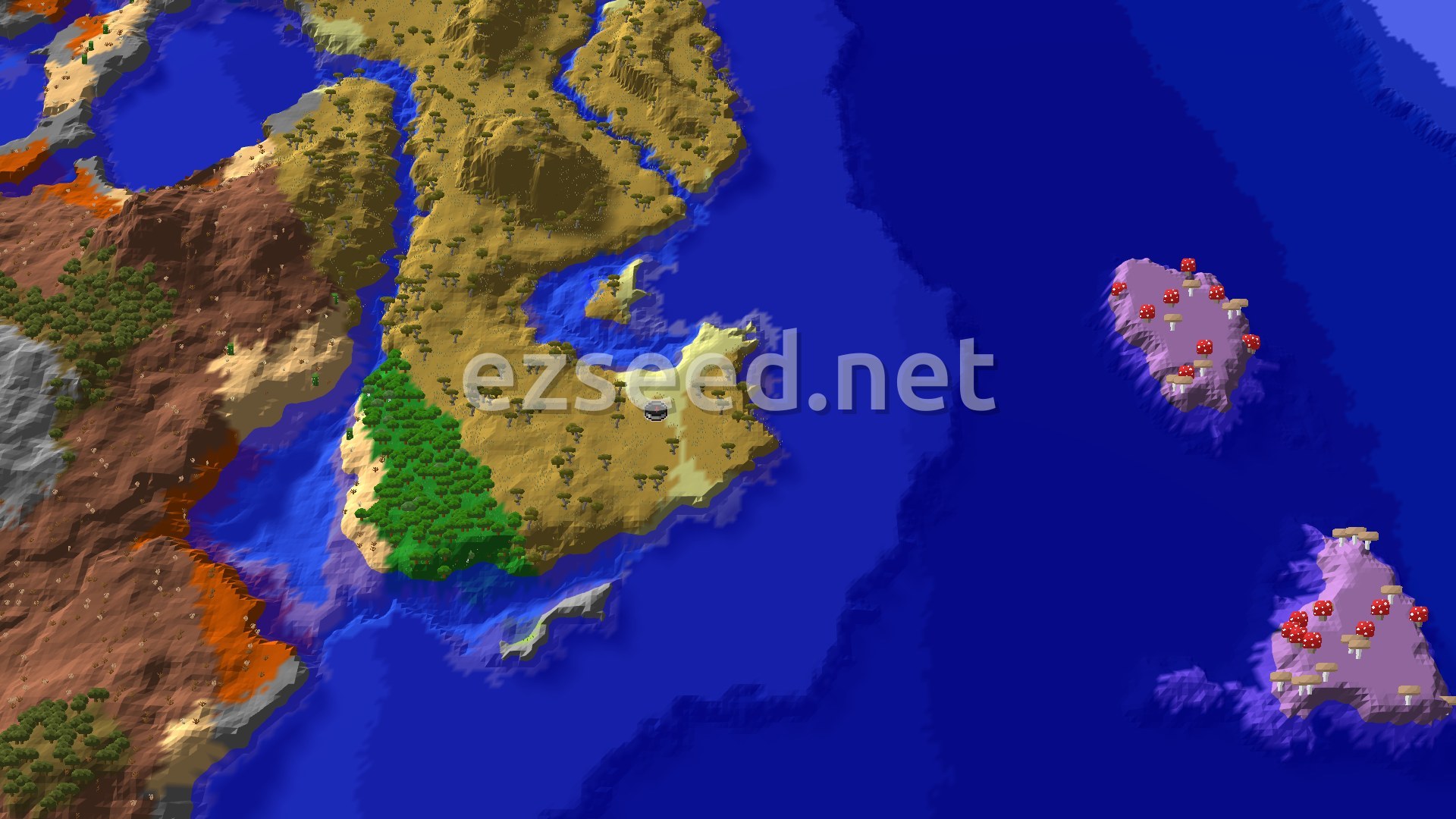 A 3D fly-over shows a large landmass dominated by savanna and badlands, with a strip of forest, surrounded by ocean. Two mushroom islands sit in the water.