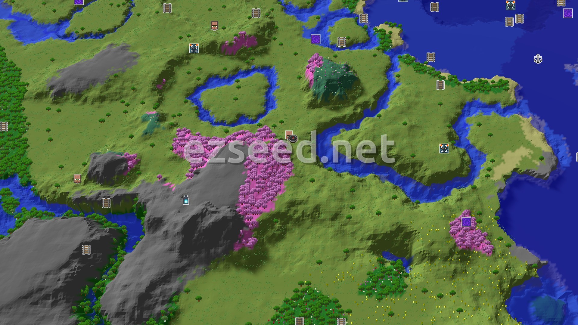 Aerial Minecraft seed map — Cherry Grove and Village Near Spawn