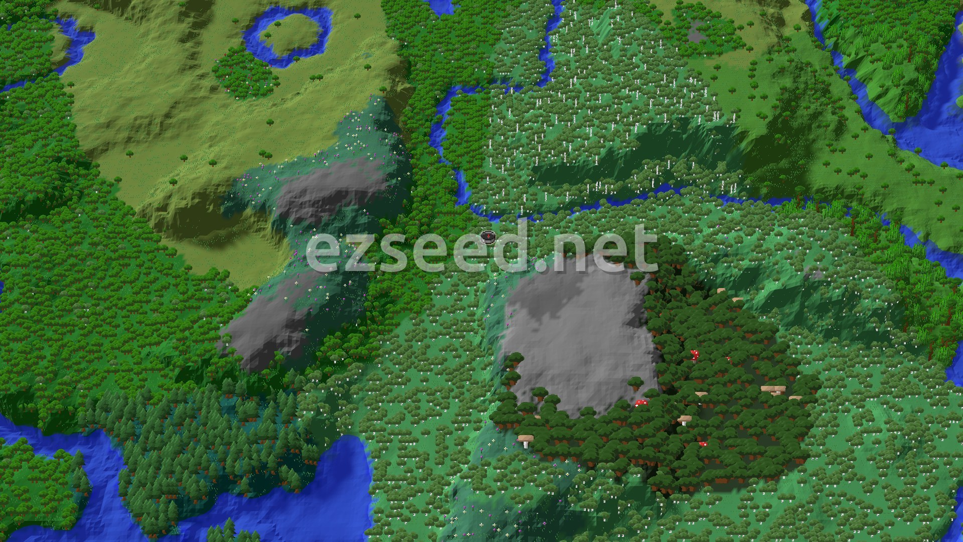 Aerial Minecraft seed map — A Wooded Spawn with a Village and Mansion Nearby