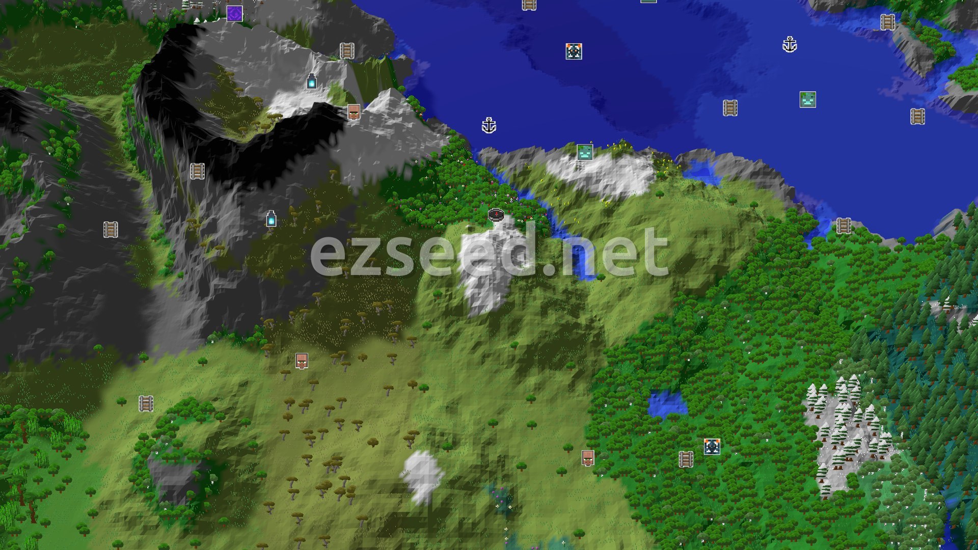 Aerial Minecraft seed map — Spawn in Snowy Slopes with an Ancient City Nearby