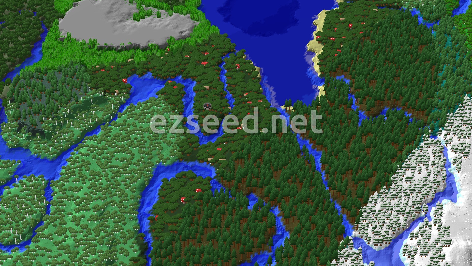 Aerial Minecraft seed map — Bamboo Jungle and Trial Chambers Near Dark Forest Spawn