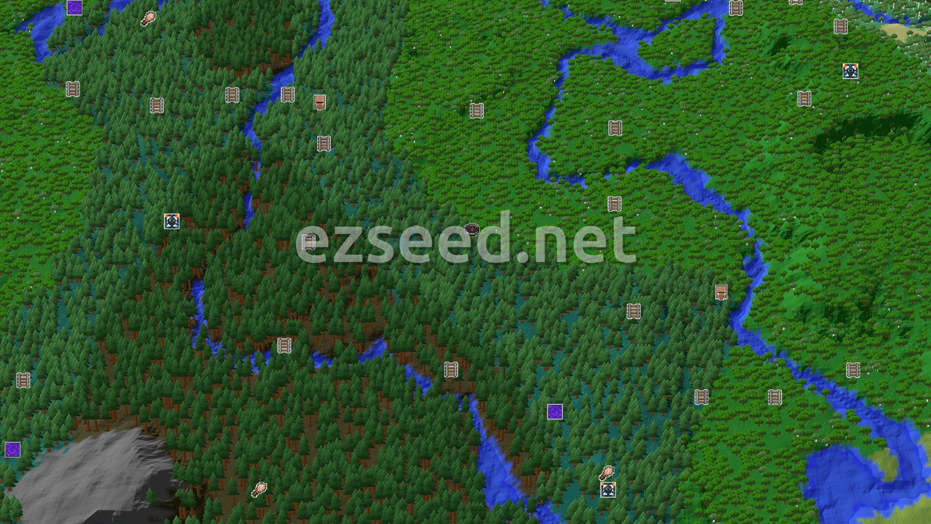 Aerial Minecraft seed map — Taiga Spawn with Close Mineshaft and Trail Ruins