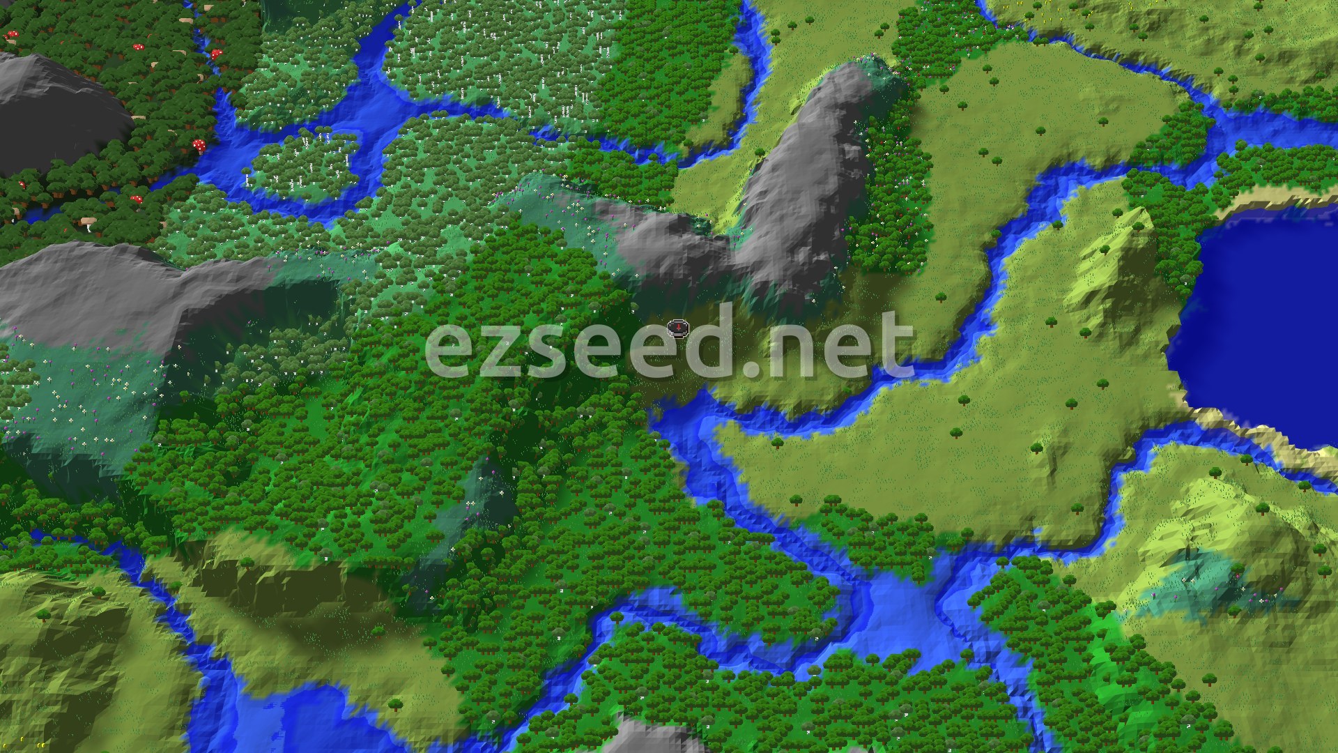 Aerial Minecraft seed map — A Wooded Start with Nearby Flower Forest