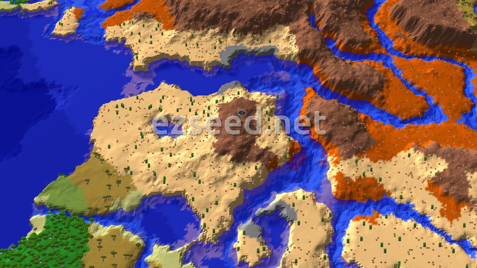 Aerial Minecraft seed map — Badlands Spawn with a Nearby Trial Chambers